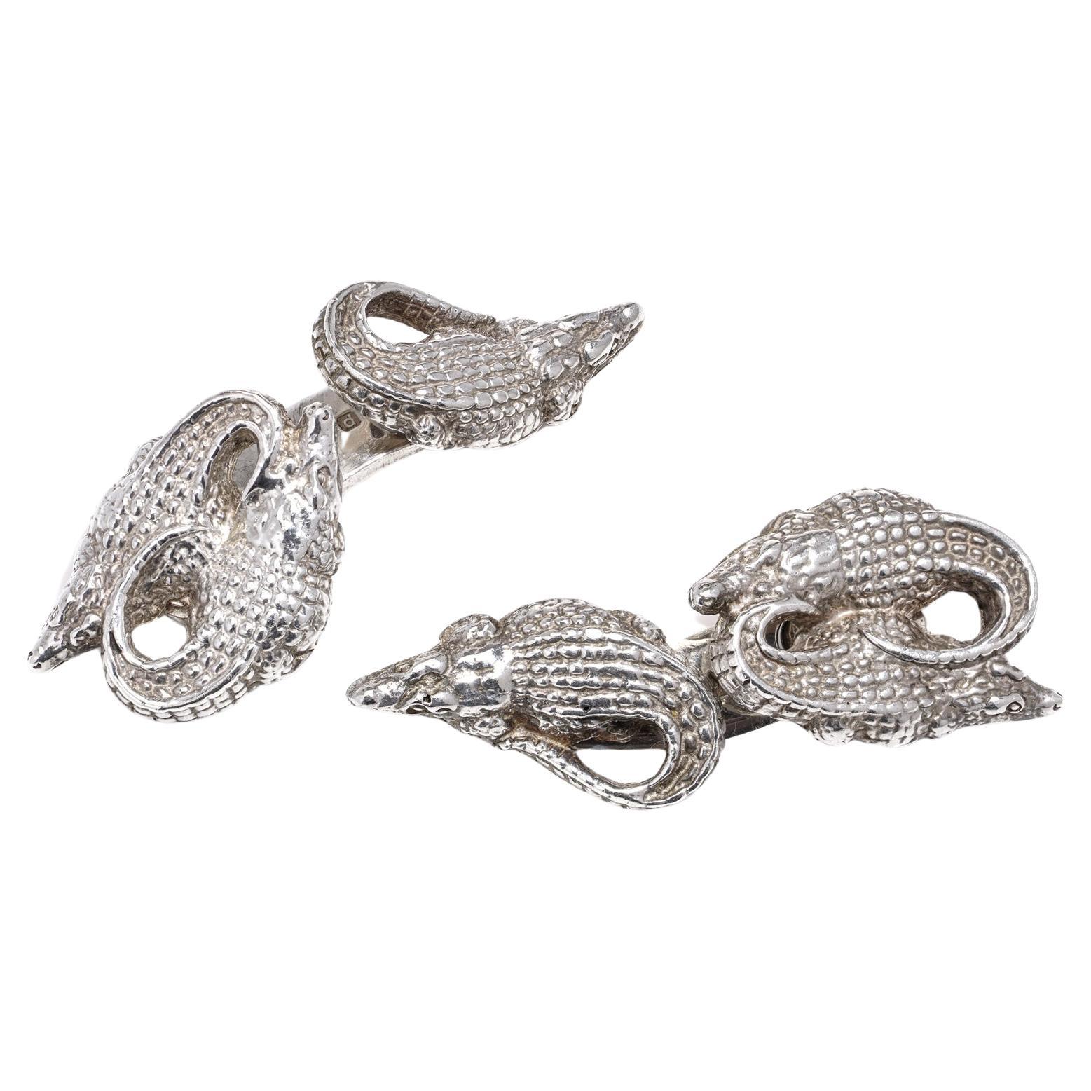 Patrick Mavros Pair of Silver Nile Crocodile Cufflinks For Sale