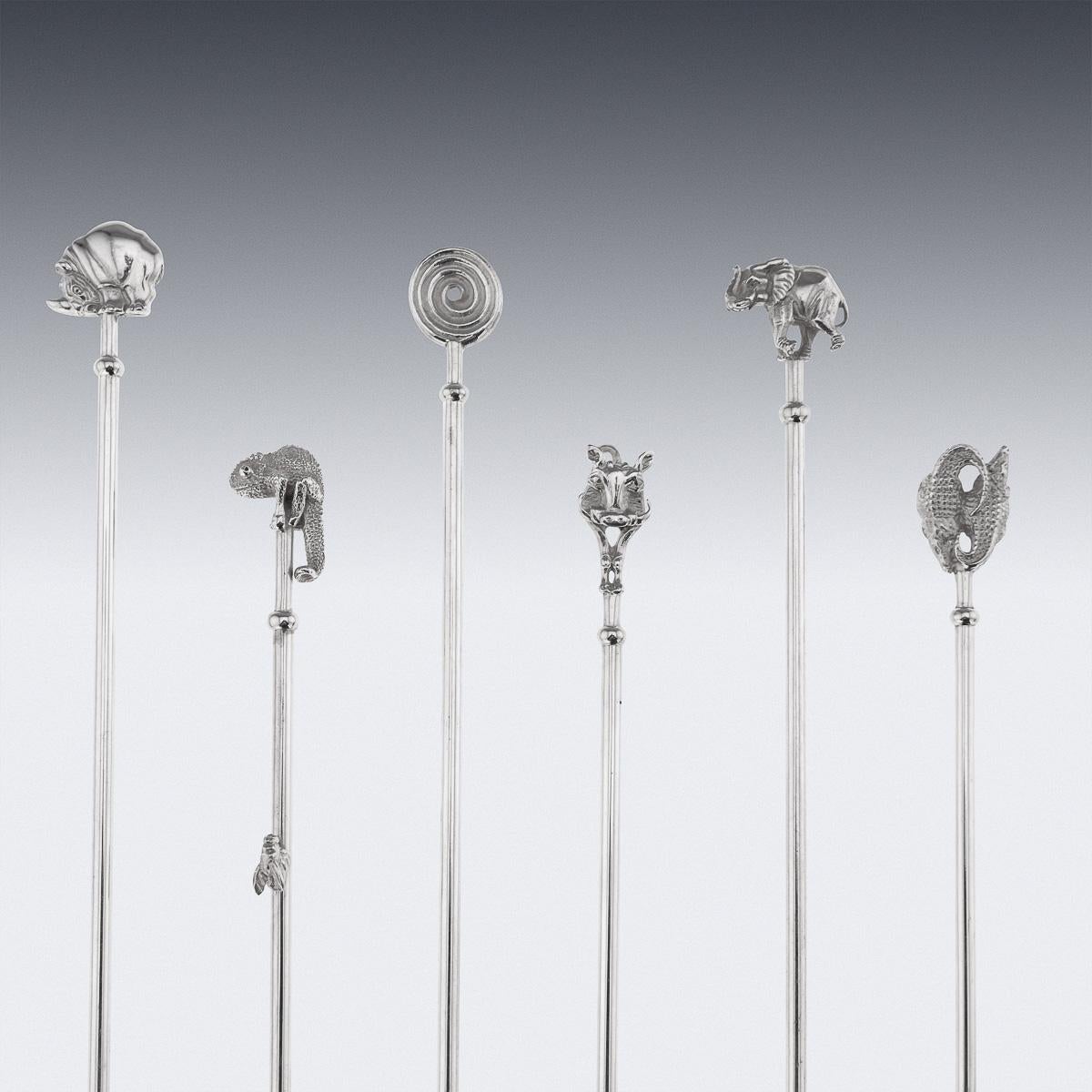 Patrick Mavros solid silver set of six cocktail spoons, decorated with cast figures of African animals. The set comes in its original box. Hallmarked silver (925 Standard), Maker's Maker's PT (Patrick Mavros).

CONDITION
In Great Condition - No