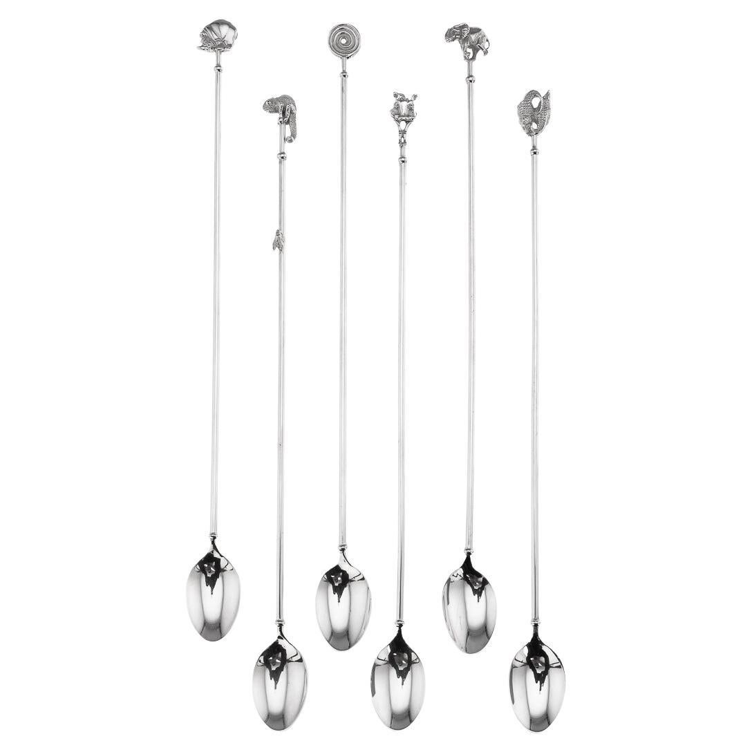 Patrick Mavros Solid Silver 6 Cased Cocktail Spoons For Sale