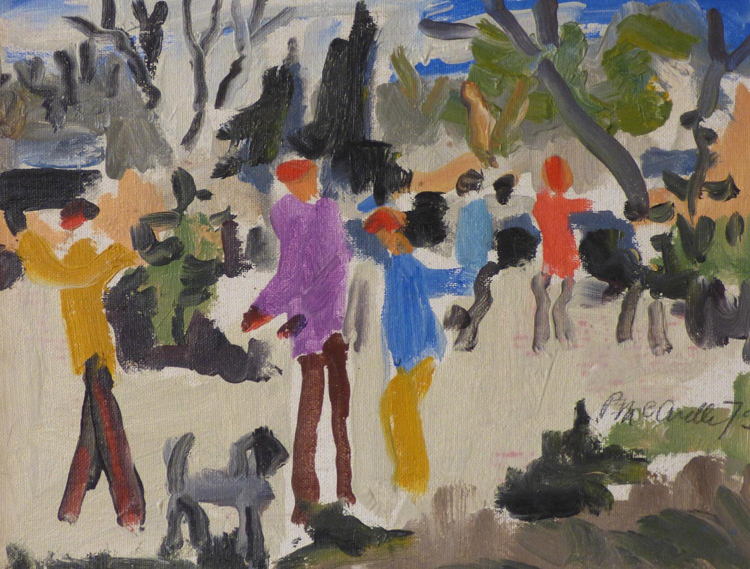 Patrick McArdle Landscape Painting - Skaters with Poodle