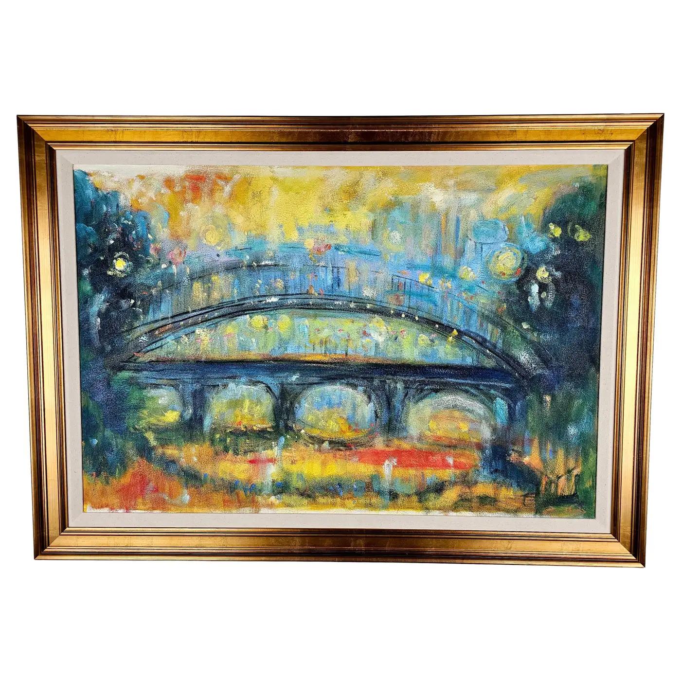 Dieses Ölgemälde auf Leinwand von Patrick Murphy (Brite, 1969) zeigt eine impressionistische Ansicht einer Brücke vor dem Hintergrund eines dämmrigen Himmels, der in eine Symphonie von Blau- und Gelbtönen sowie sanften, gedämpften Grüntönen getaucht