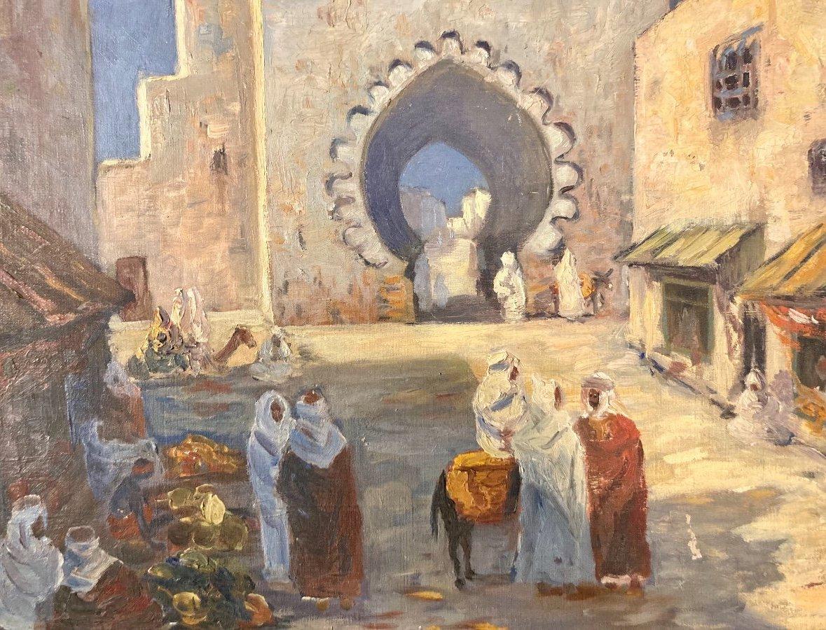 Street scene in Morocco, Original antique Orientalist painting, French Artist - Painting by Patrick Mussa