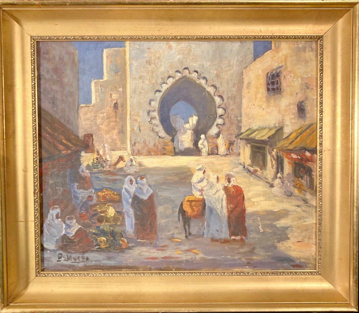 Patrick Mussa Figurative Painting - Street scene in Morocco, Original antique Orientalist painting, French Artist