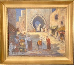 Street scene in Morocco, Original antique Orientalist painting, French Artist