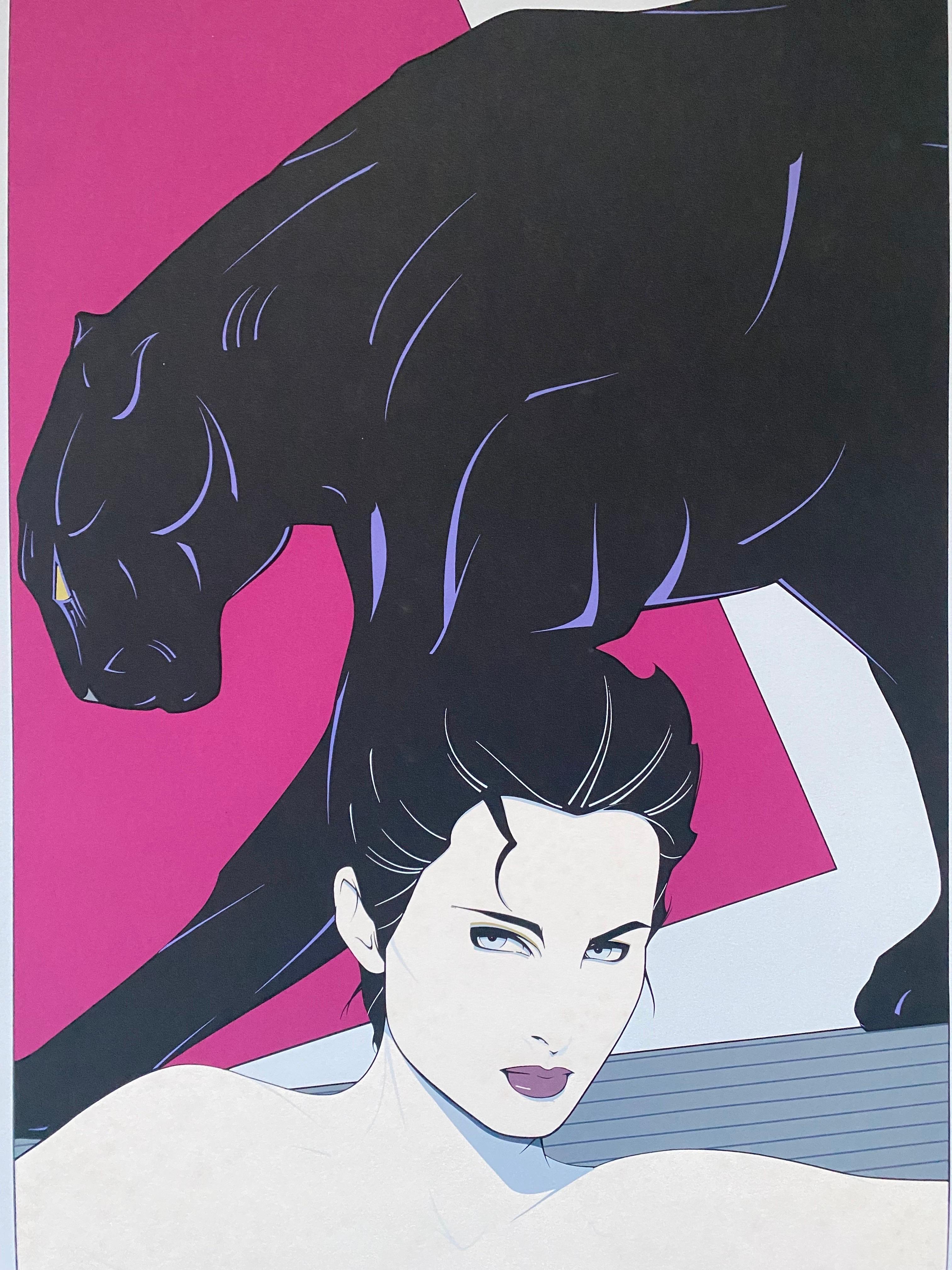 Beautiful and classic Patrick Nagel print with woman and black puma or panther for Dyansen Gallery in New York. Printed in 1983 by Mirage Editions.

Overall in very good condition. Some discoloration on the white part, see pictures for details.