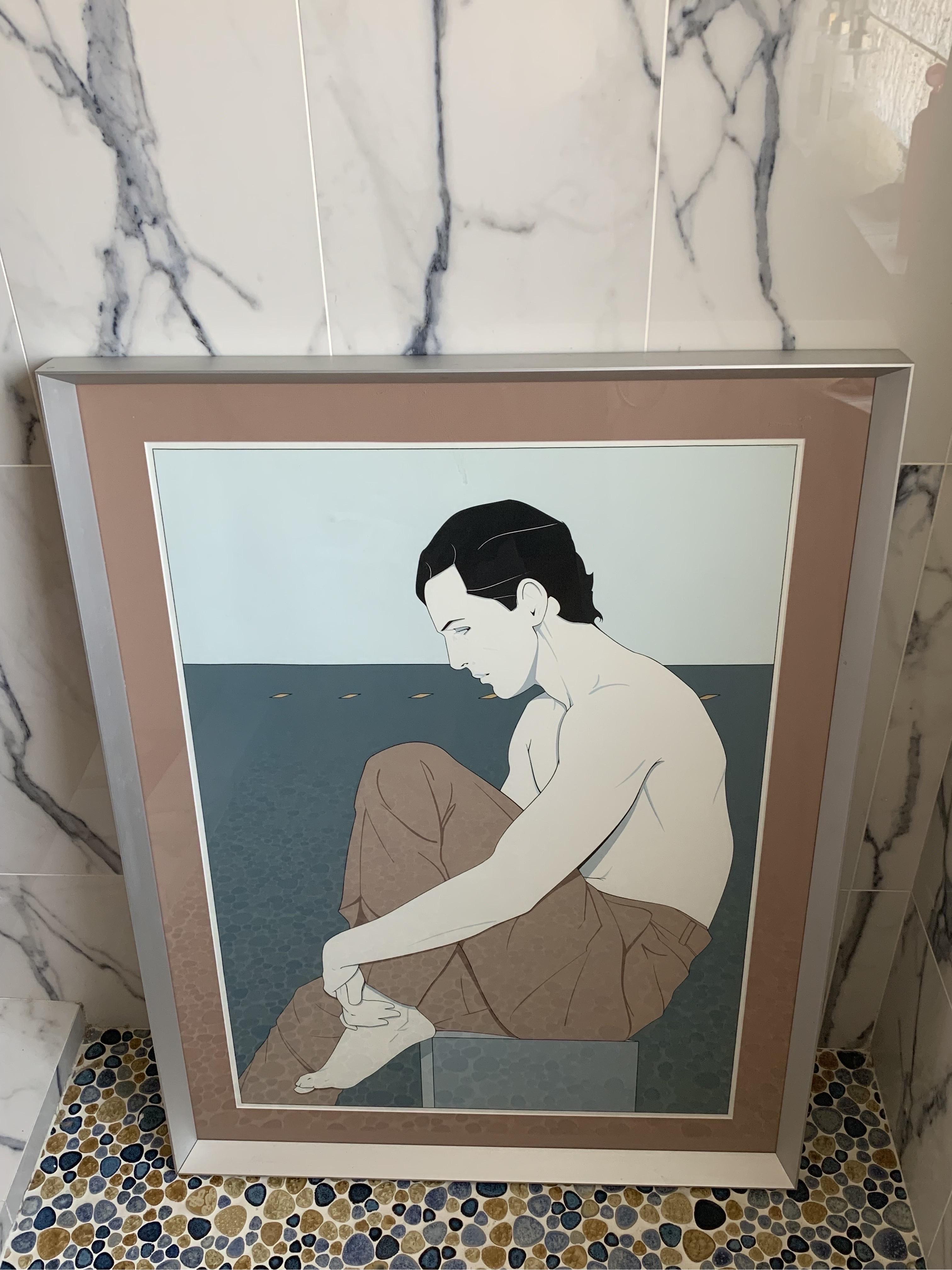 Moderne Patrick Nagel - Édition limitée de 40 pièces Sérigraphie d'homme assis encadrée, encadrée en vente