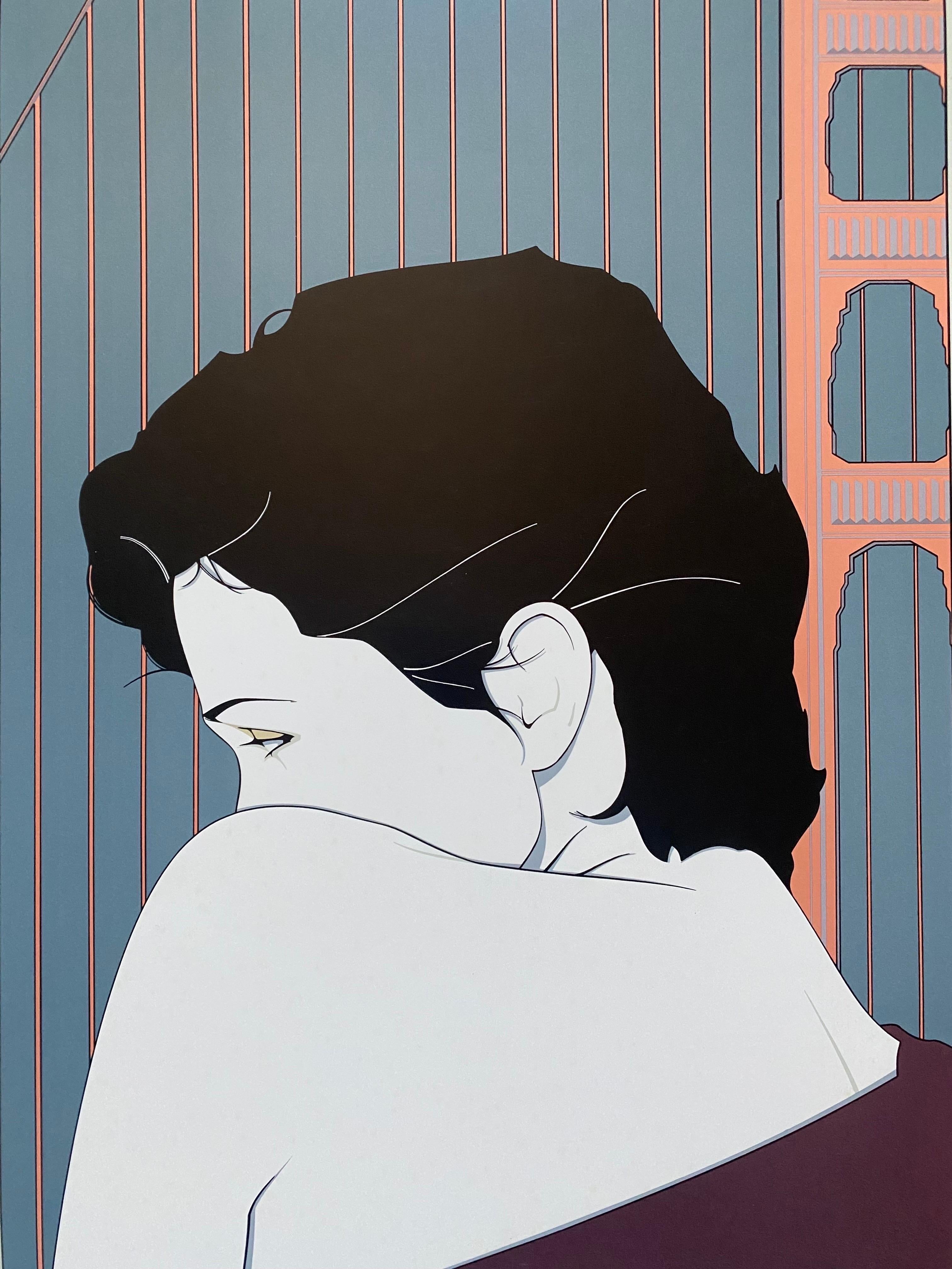Gorgeous Patrick Nagel Screen-print of a woman in front of the Golden Gate Bridge. Produced in 1981 by Mirage Editions for Showplace Square Gallery in San Francisco, California. 

This print is in overall in very good condition, but comes with