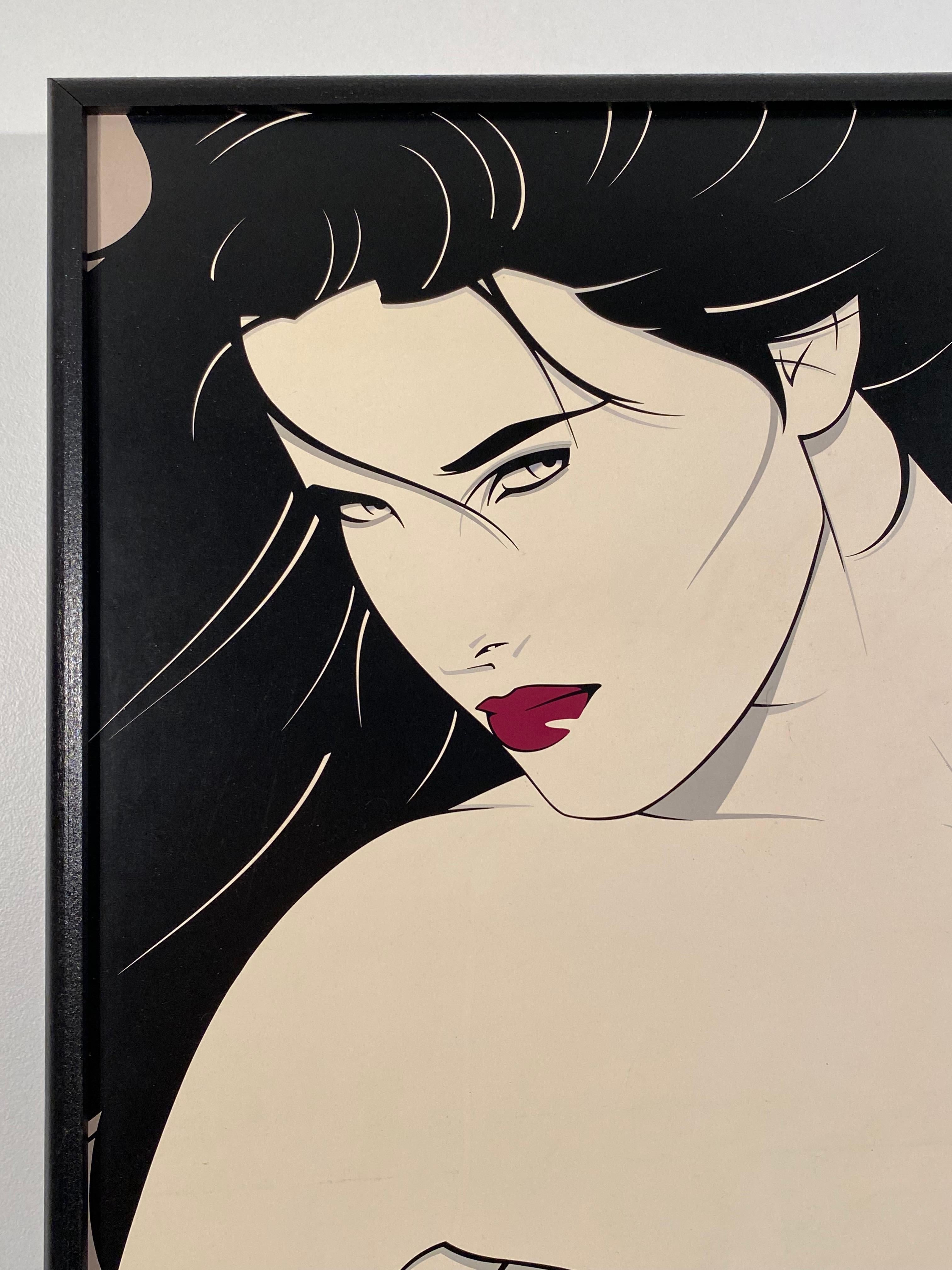 Patrick Nagel print surrounded by large black frame and pink neon accent from the 1980s.