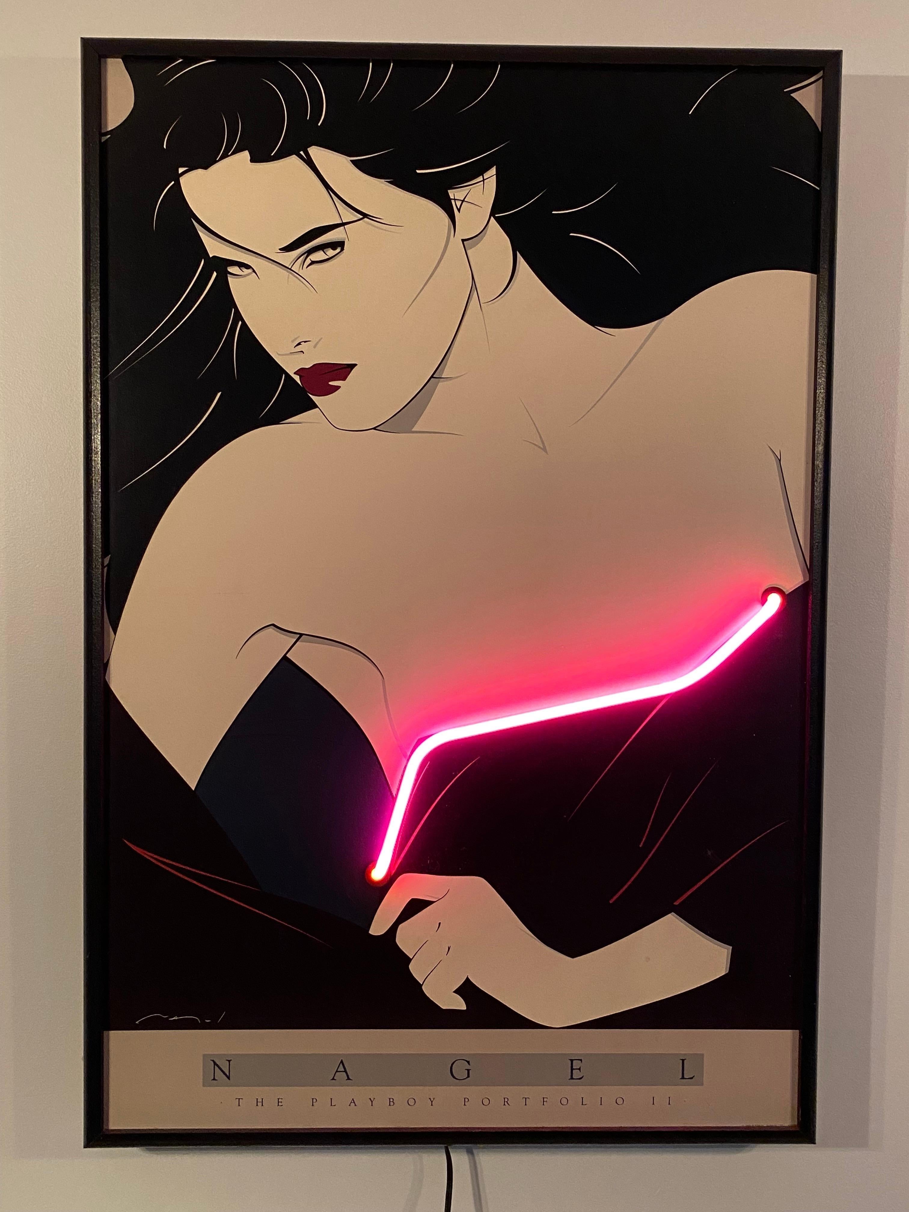 American Patrick Nagel Print with Pink Neon Accent, 1980s