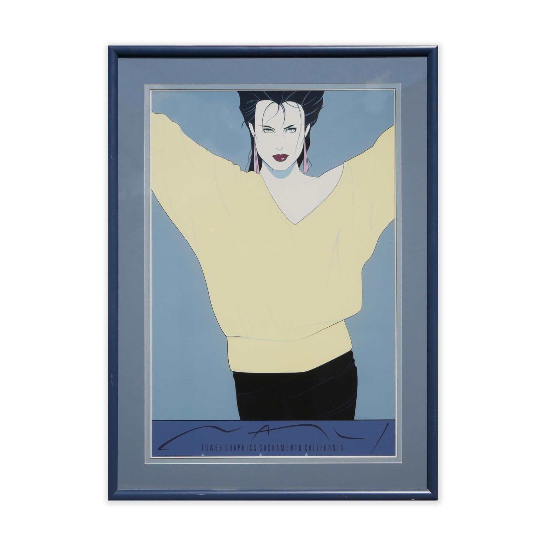 Commemorative #8 “Yellow Sweater” Pastel Blue & Yellow Modern Fashion Serigraph - Print by Patrick Nagel