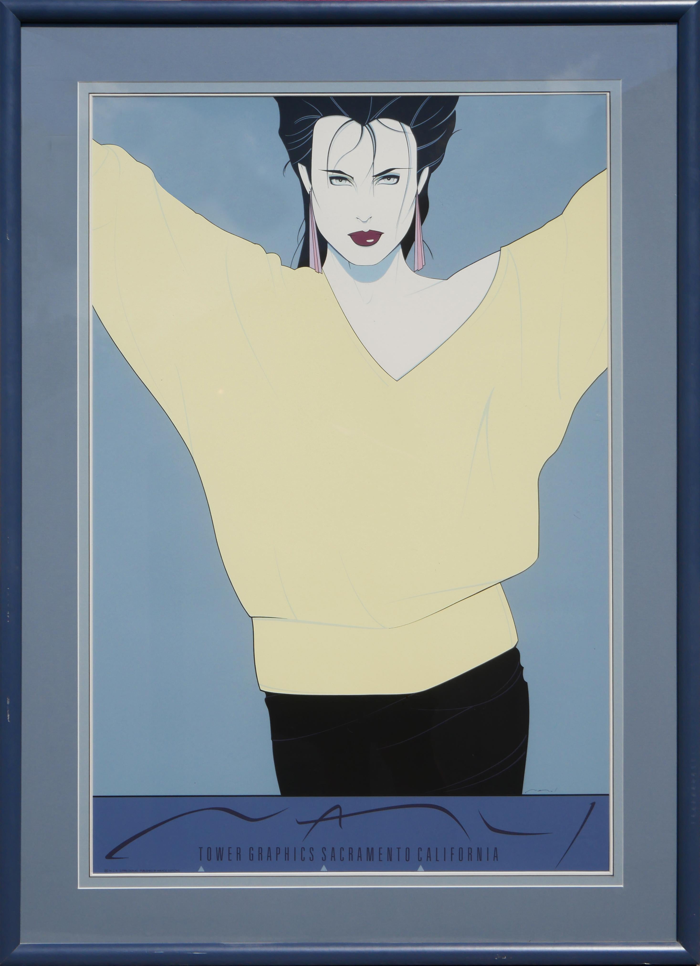 Patrick Nagel Portrait Print - Commemorative #8 “Yellow Sweater” Pastel Blue & Yellow Modern Fashion Serigraph
