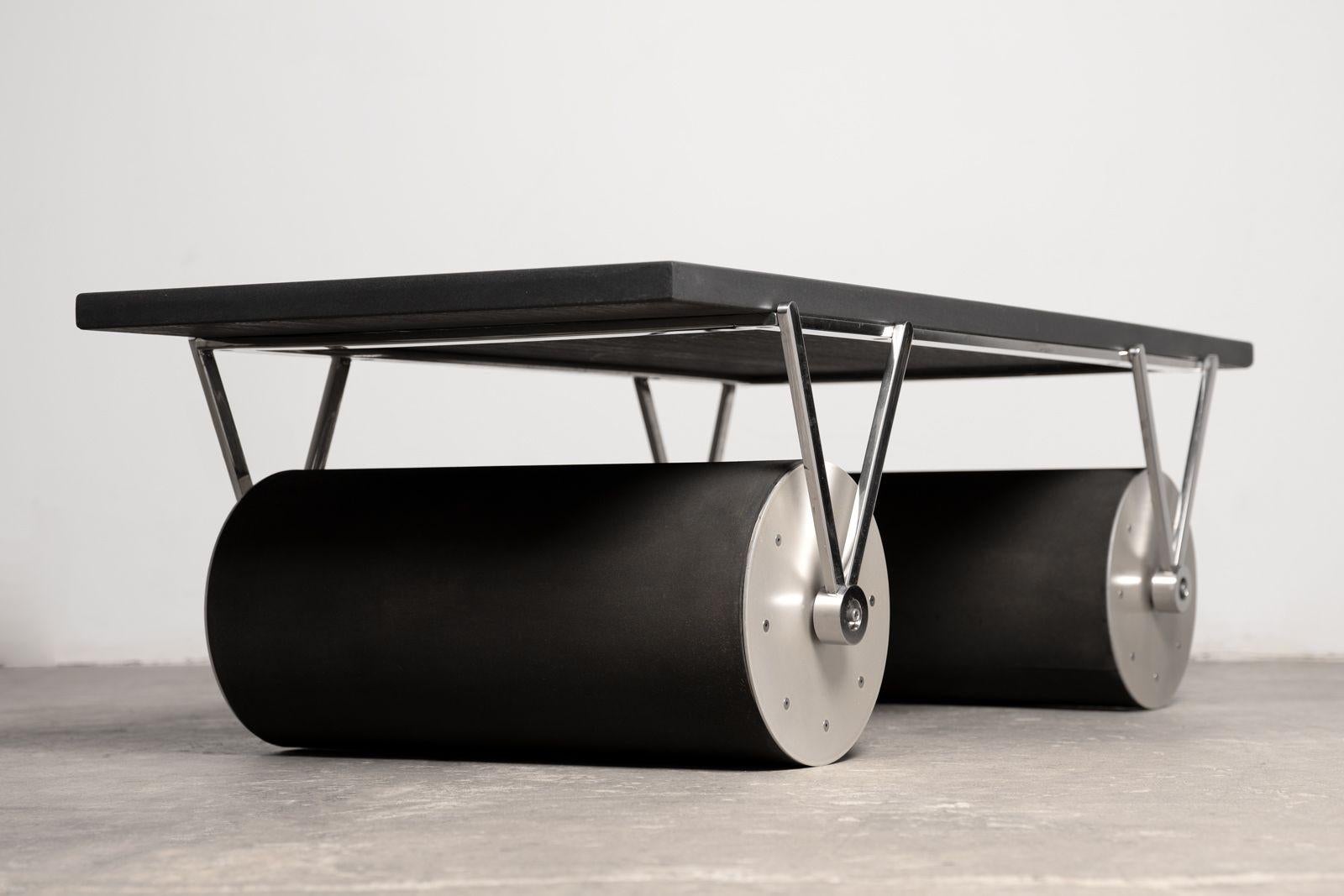 French Patrick Naggar Post Modern Cylinder Coffee Table with Marble Top - France 1985