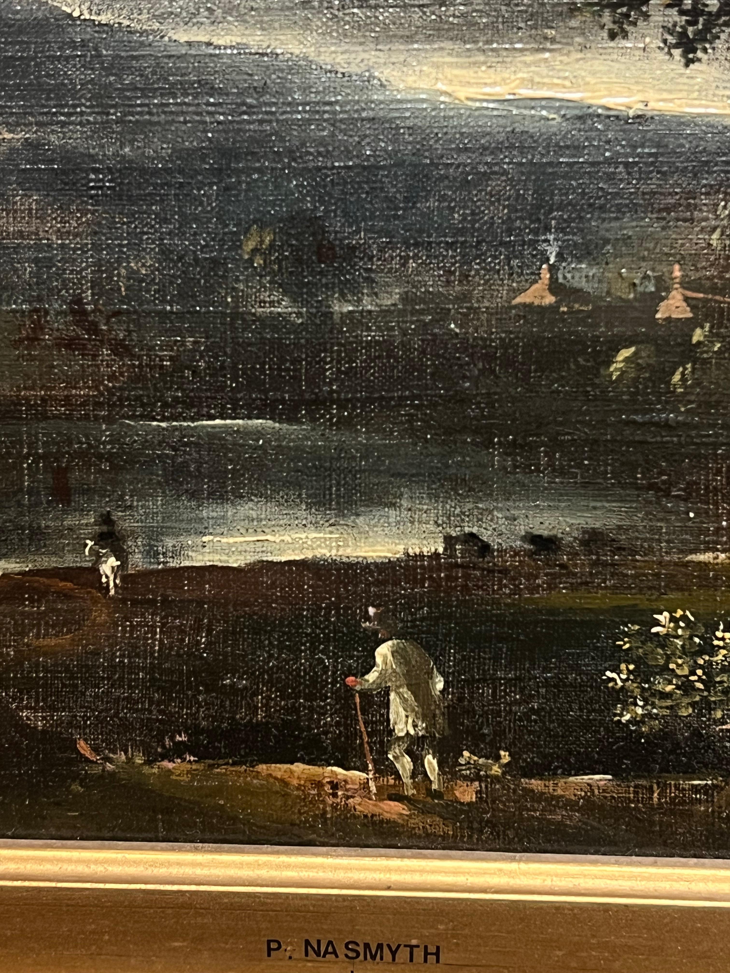 Early 1800's British Oil Painting Figures in Brooding Nocturnal Hilly Landscape For Sale 8