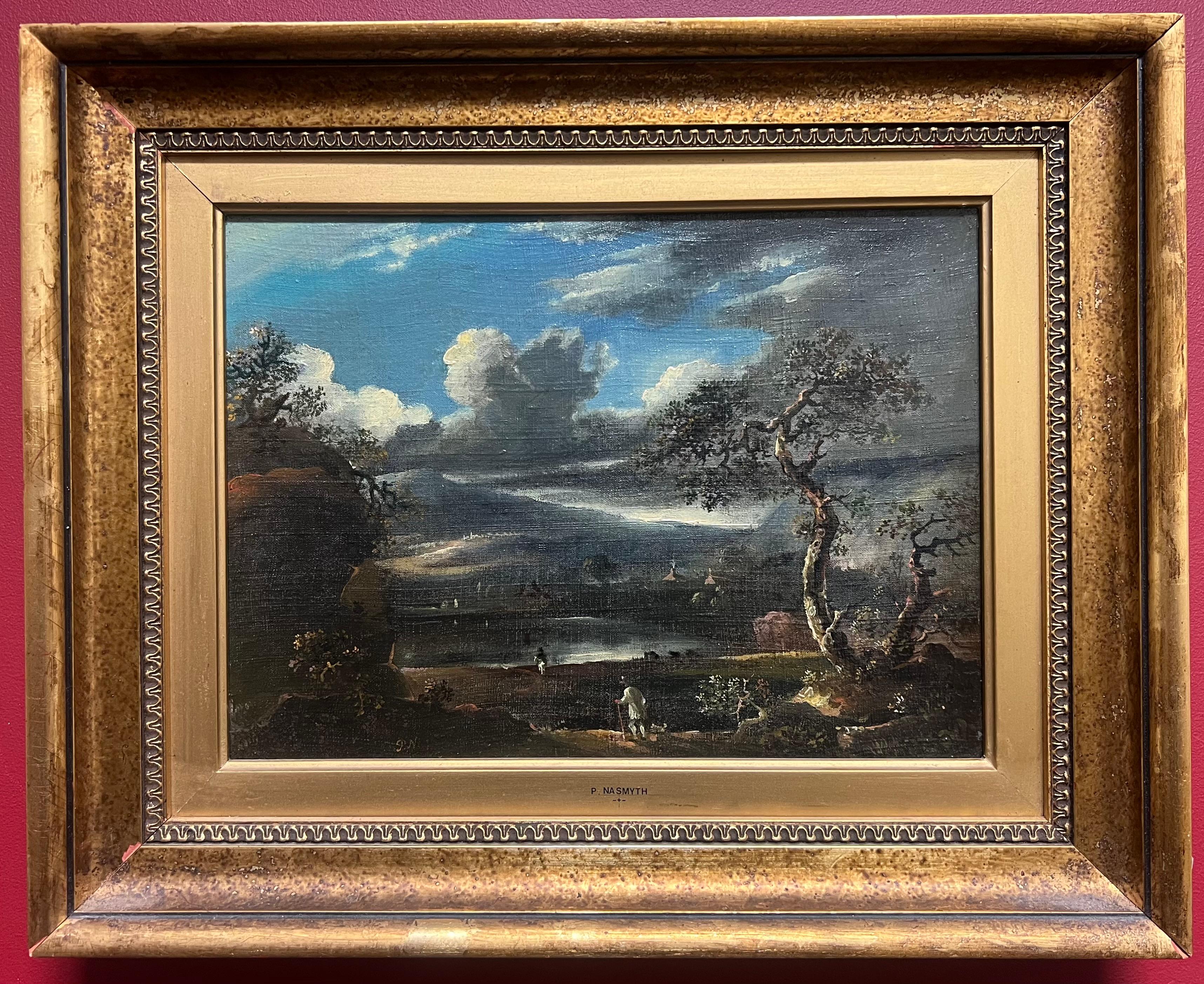 Early 1800's British Oil Painting Figures in Brooding Nocturnal Hilly Landscape - Black Landscape Painting by Patrick Nasmyth