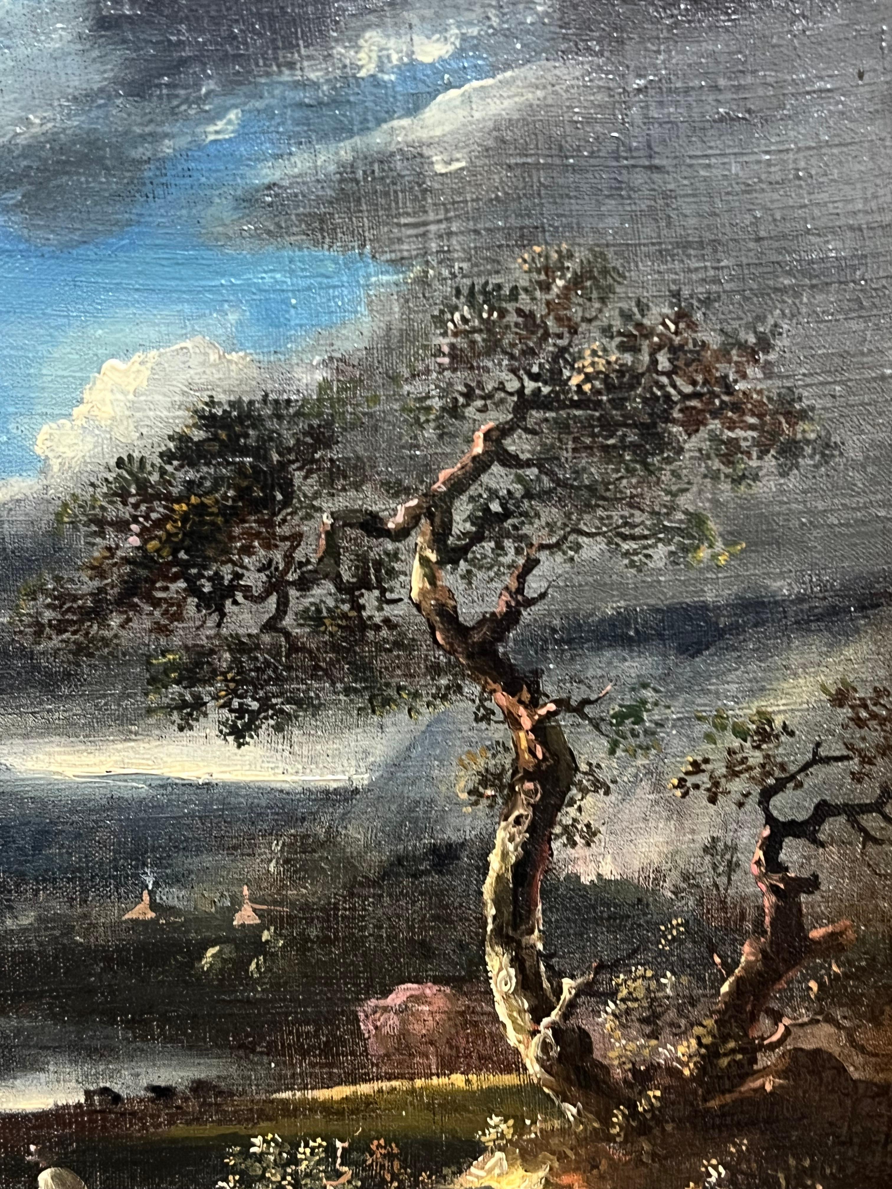 Early 1800's British Oil Painting Figures in Brooding Nocturnal Hilly Landscape For Sale 1