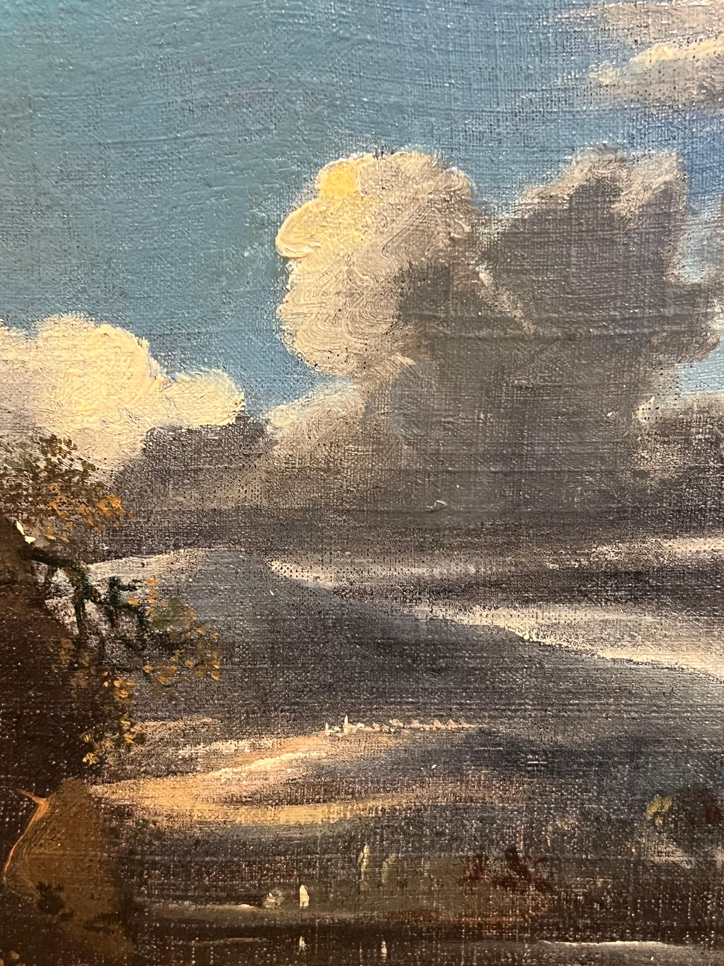 Early 1800's British Oil Painting Figures in Brooding Nocturnal Hilly Landscape For Sale 2