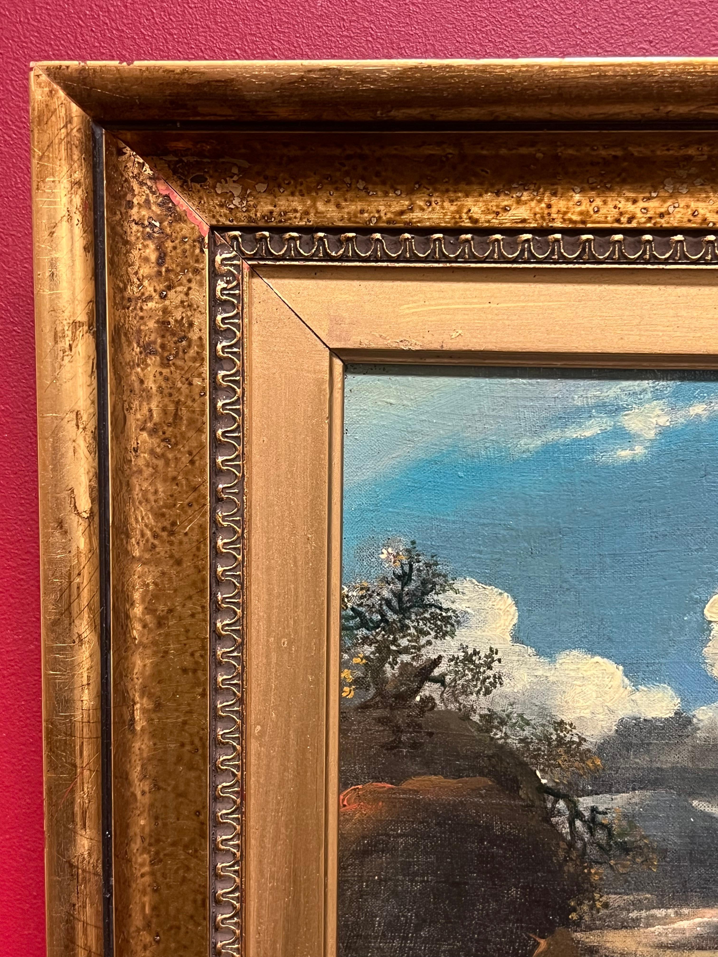 Early 1800's British Oil Painting Figures in Brooding Nocturnal Hilly Landscape For Sale 3