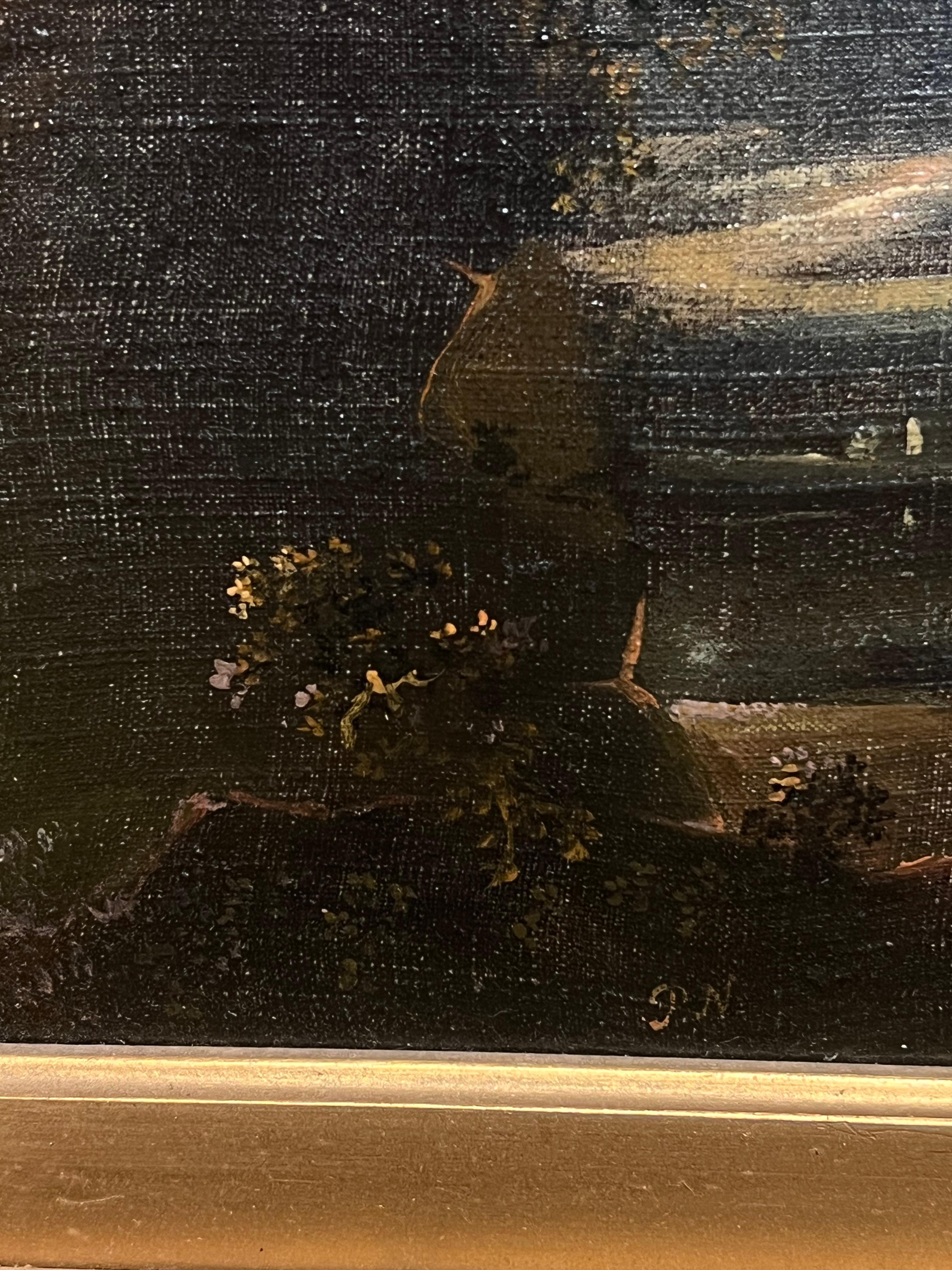 Early 1800's British Oil Painting Figures in Brooding Nocturnal Hilly Landscape For Sale 4