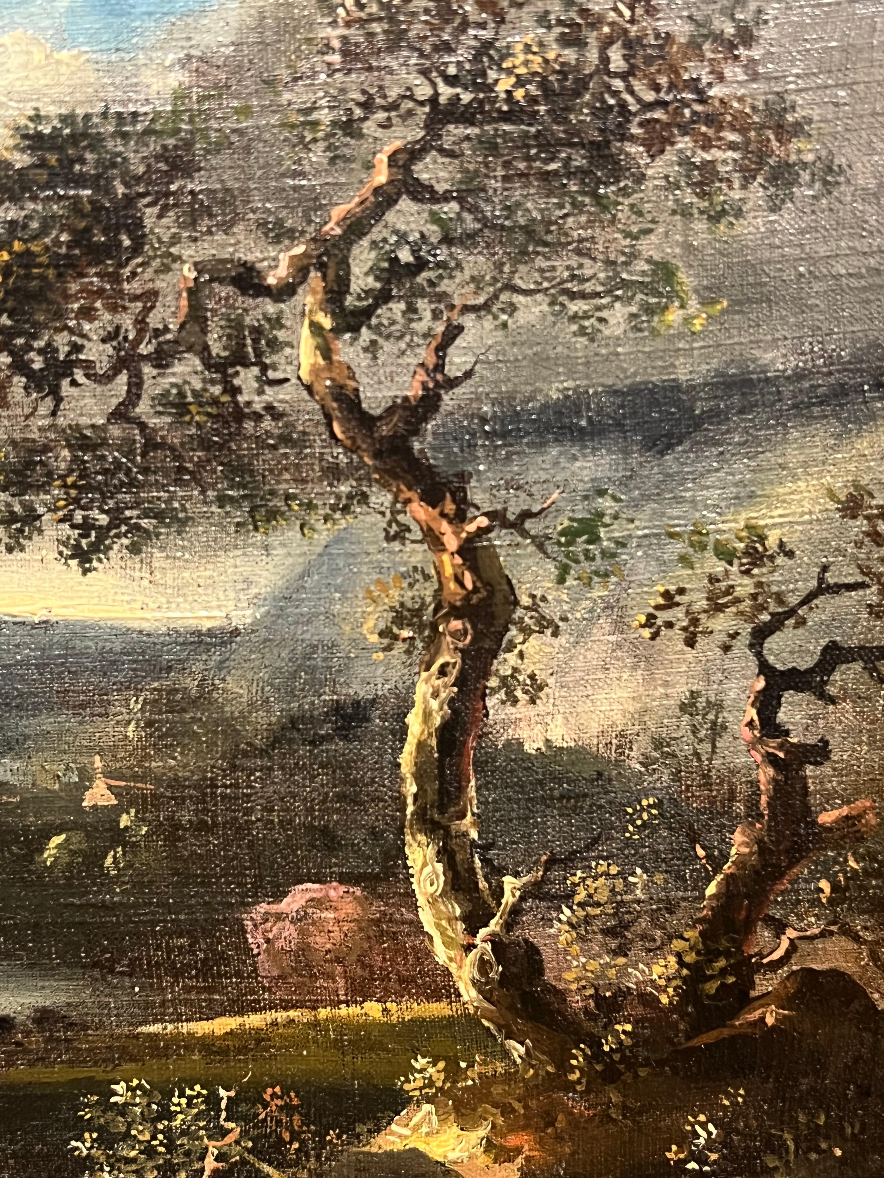 Early 1800's British Oil Painting Figures in Brooding Nocturnal Hilly Landscape For Sale 5