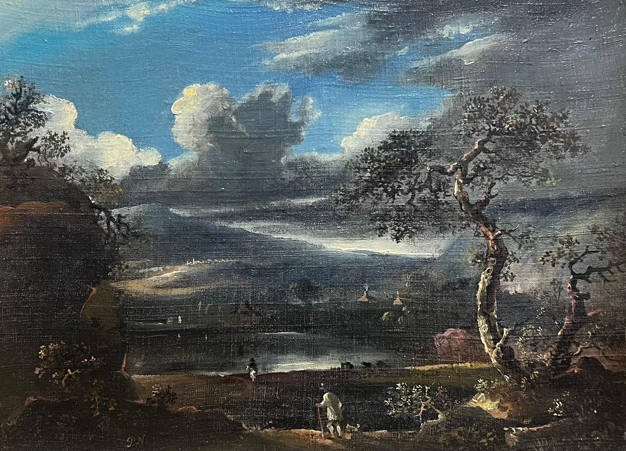 Frühes britisches Ölgemälde aus dem Jahr 1800 Figuren in brütender nächtlicher Hügellandschaft