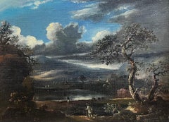 Figures britanniques peintes à l'huile du début des années 1800 dans un paysage collineural sinueux