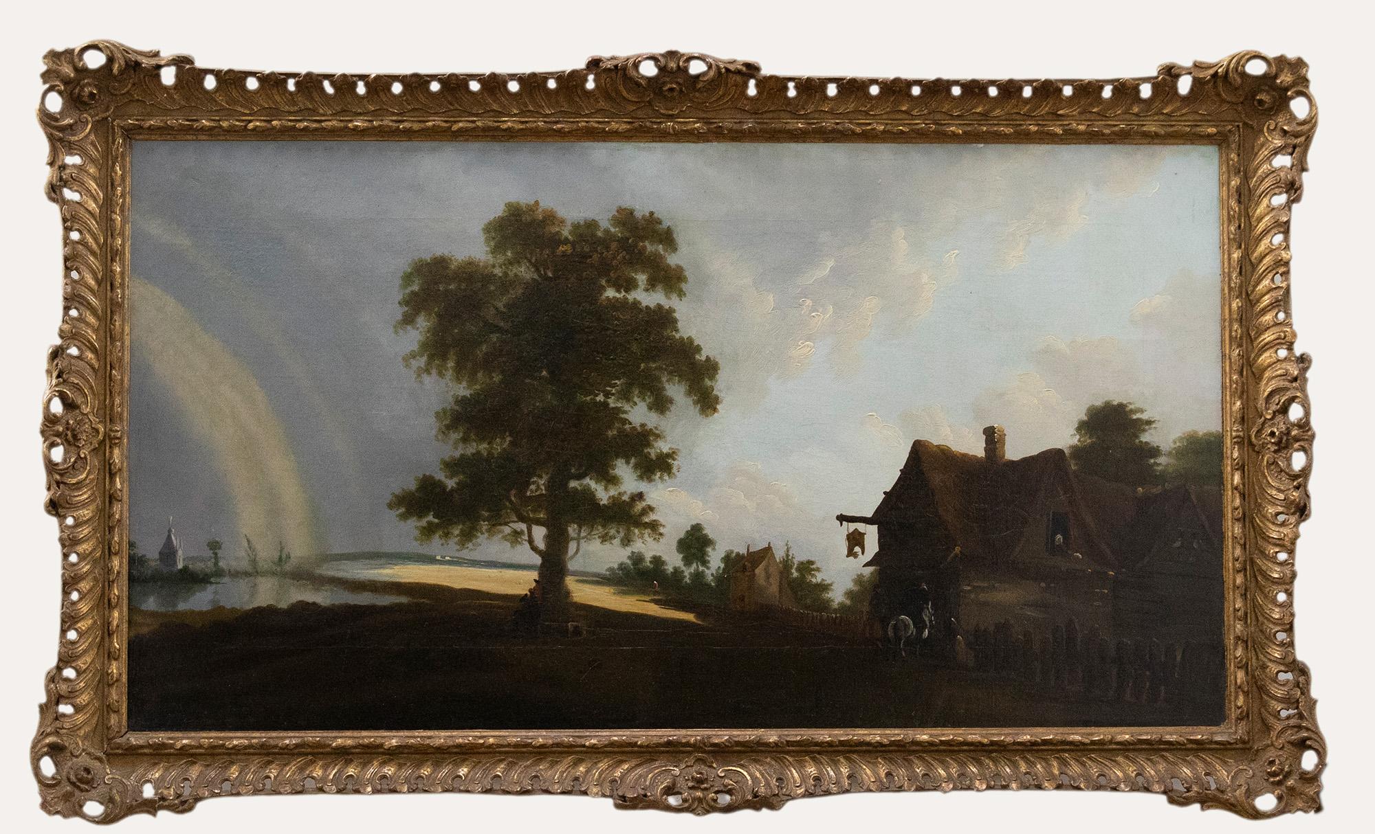 A delightful English School oil study depicting two figures on horseback arriving at an inn. The vast landscape in the background stretches out across an estuary. A rainbow stretches over the left side of the scene. The style of the scene shows