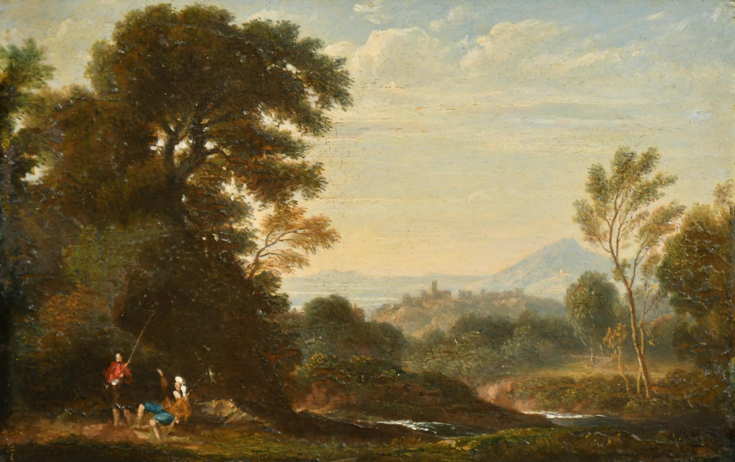Patrick Nasmyth Landscape Painting - Early 1800's Scottish Oil Painting, Figures in Highland Landscape Golden Light