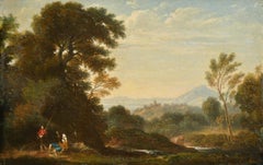 Early 1800's Scottish Oil Painting, Figures in Highland Landscape Golden Light