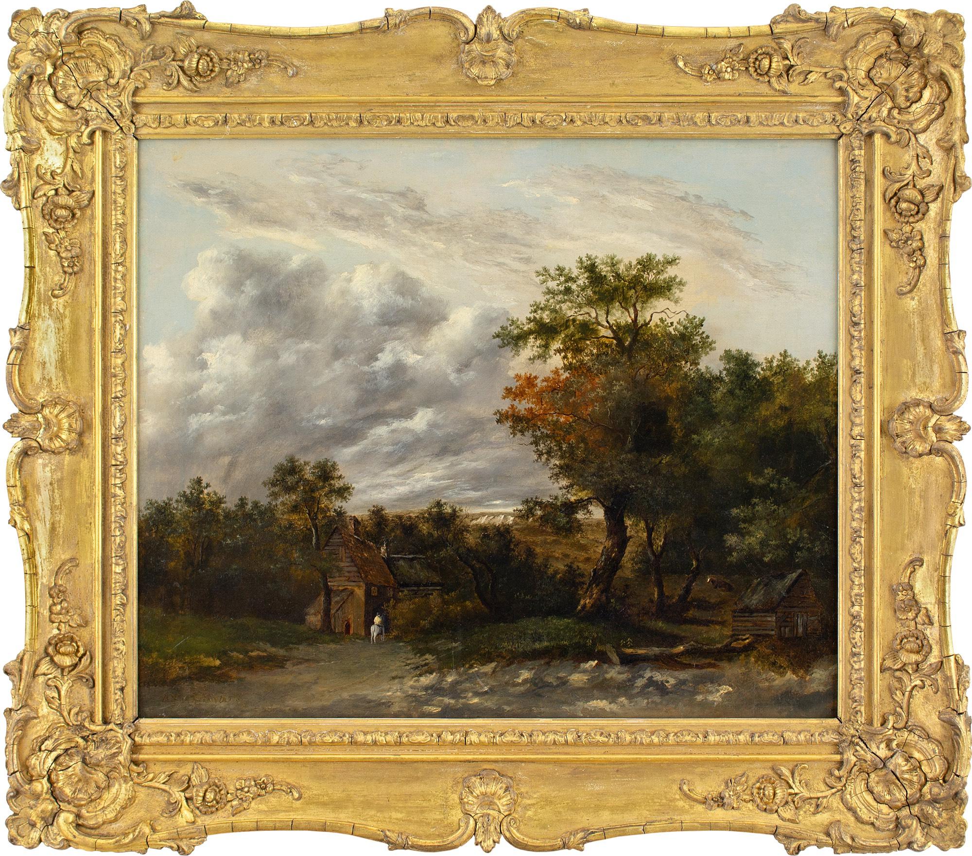 This early 19th-century oil painting by Scottish artist Patrick Nasmyth (1787-1831) depicts a landscape with cottages, trees and horseback rider.

Patrick Nasmyth is one of the unsung heroes of early British landscape painting. A contemporary of