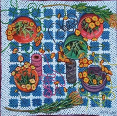 Orange Chrysanthemums Still Life with Thread on Crocheted Granny Square, 30x30