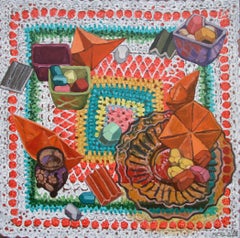 Paper Boats and Candy Dish, Colorful Aerial Tabletop Still Life, 30 x 30 in