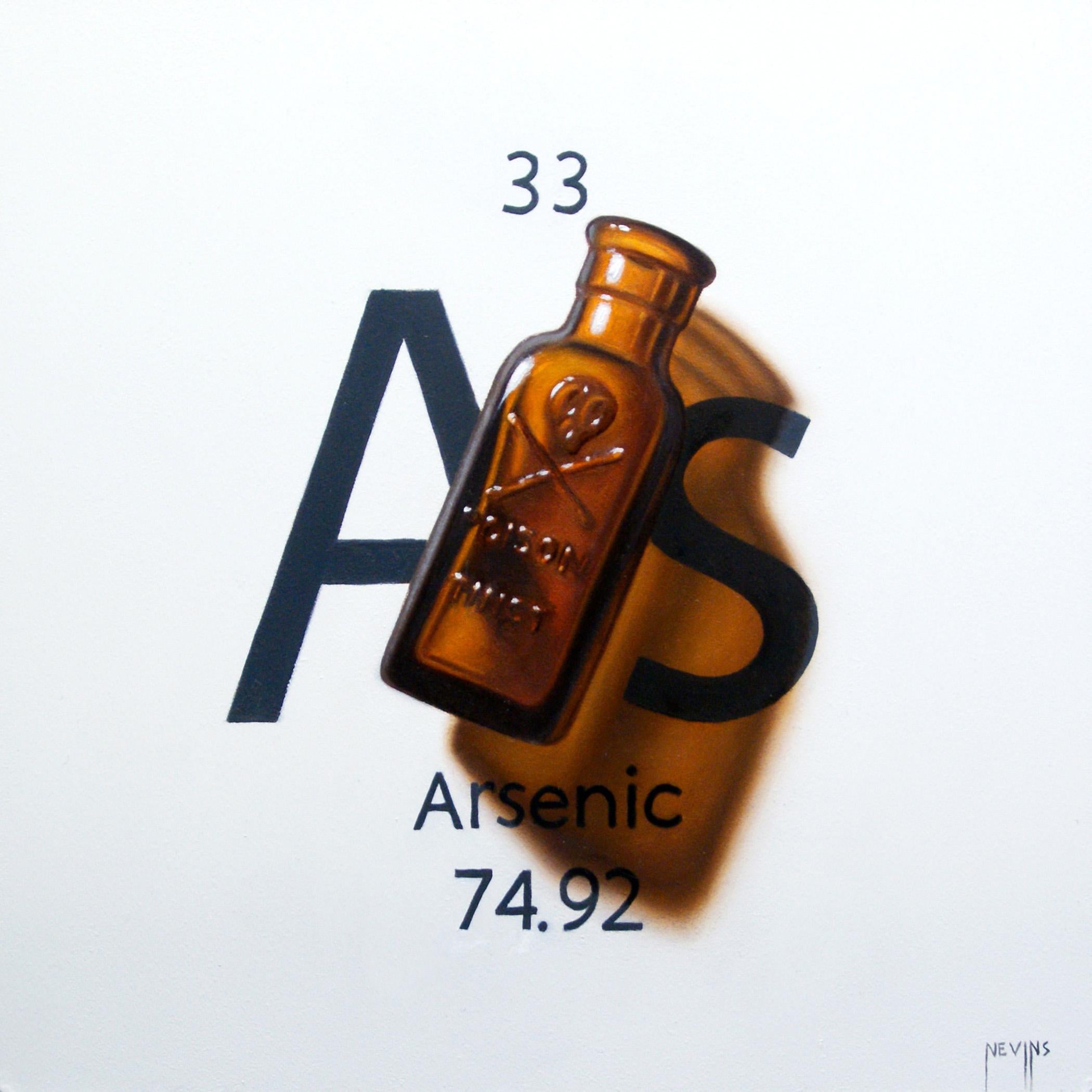Discover this captivating original painting by Patrick Nevins, titled Arsenic (2025), from his ongoing “Elements Series.” Meticulously executed in oil on board, this work measures 6 by 6 inches (0.12 inches deep) and is presented in a complementary