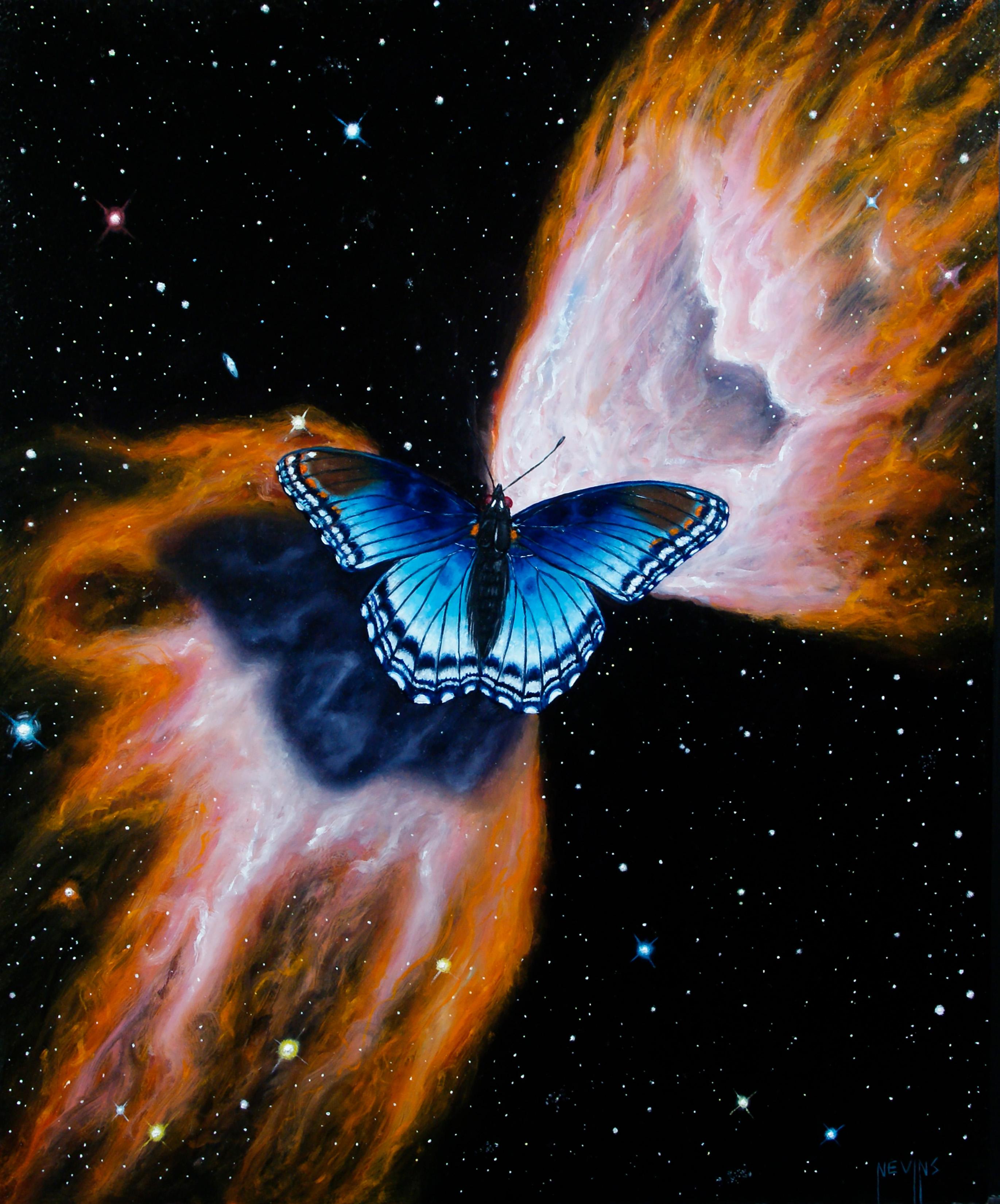"Nebulosa Mariposa 6" de Patrick Nevins Óleo de Mariposa azul en el espacio