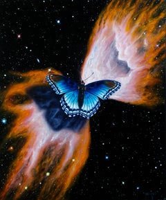 "Butterfly Nebula" by Patrick Nevins Oil painting of Blue Butterfly in Space