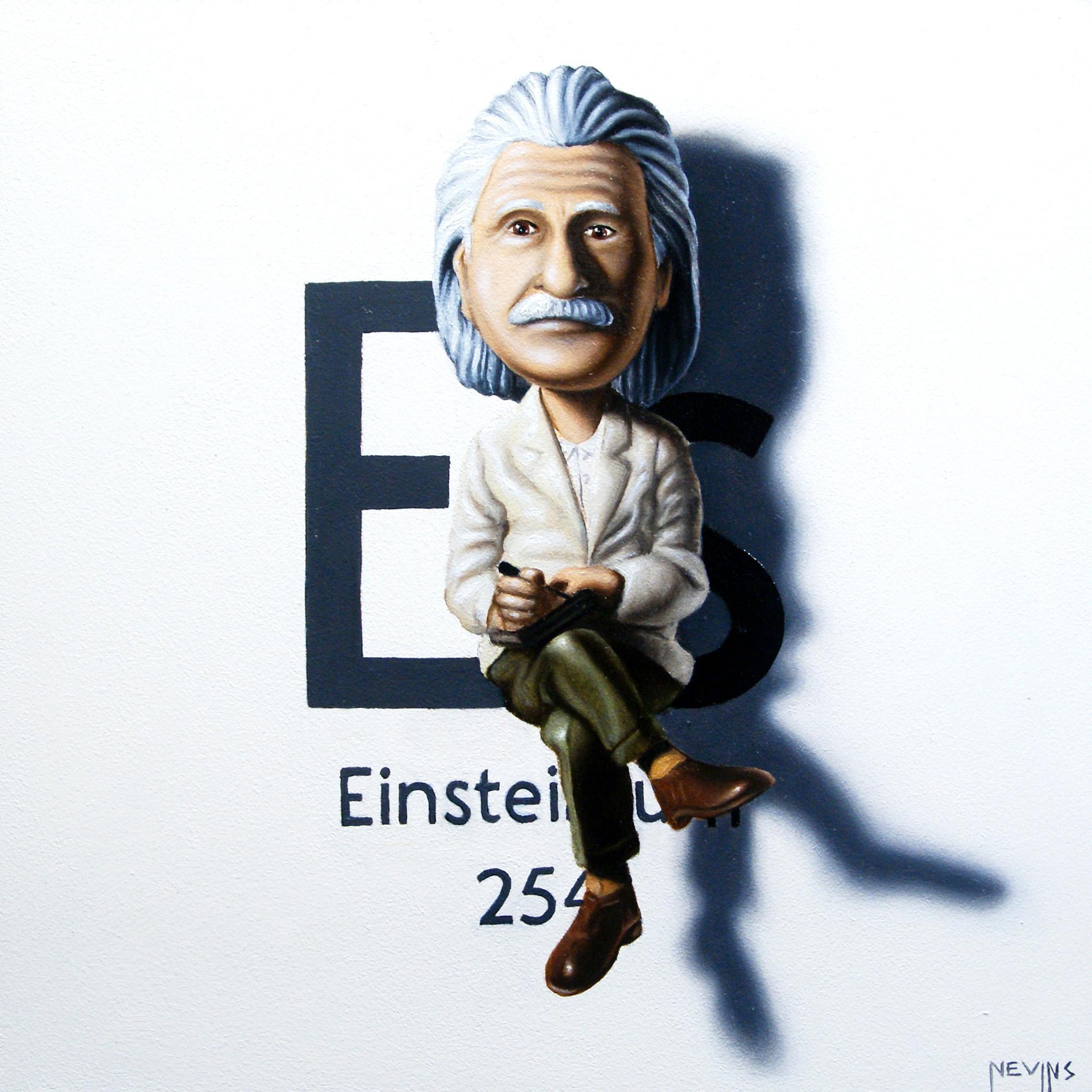 Patrick Nevins' "Einsteinium" ist ein beeindruckendes 3D-Trompe-l'œil-Ölgemälde, das Realismus und skulpturale Illusion meisterhaft miteinander verbindet. Dieses einzigartige Werk aus dem Jahr 2025 zeigt ein spielerisches und zugleich raffiniertes