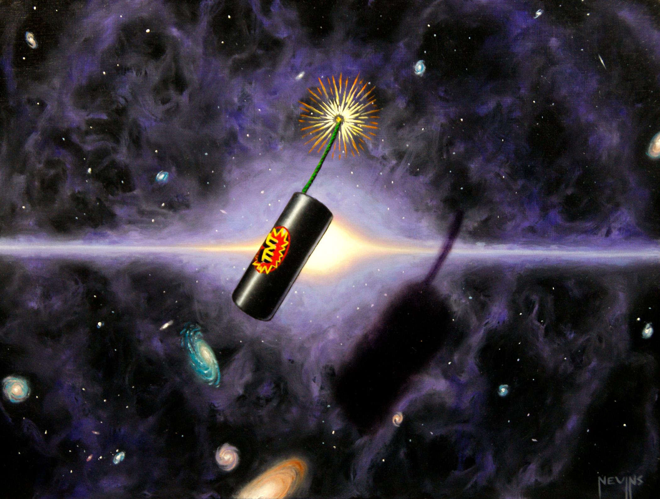 "Little Bang" di Patrick Nevins Pittura ad olio di petardo acceso Sfondo spaziale