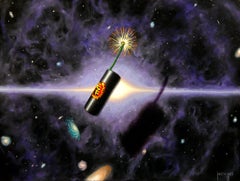 "Little Bang" by Patrick Nevins Oil painting of Lit Firecracker Space Background