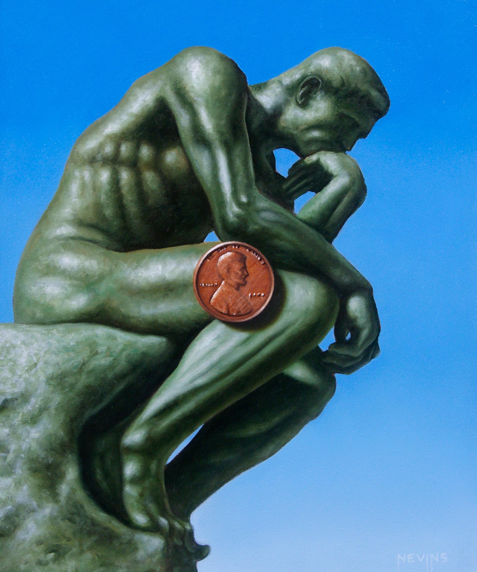 Patrick Nevins (Charleston, SC, EE.UU.) "Un penique por tus pensamientos" es un óleo original hecho a mano que representa la estatua "El Pensador" con un penique delante.

Sobre el artista: 
Nacido y criado en Townsend, Massachusetts, Patrick lleva