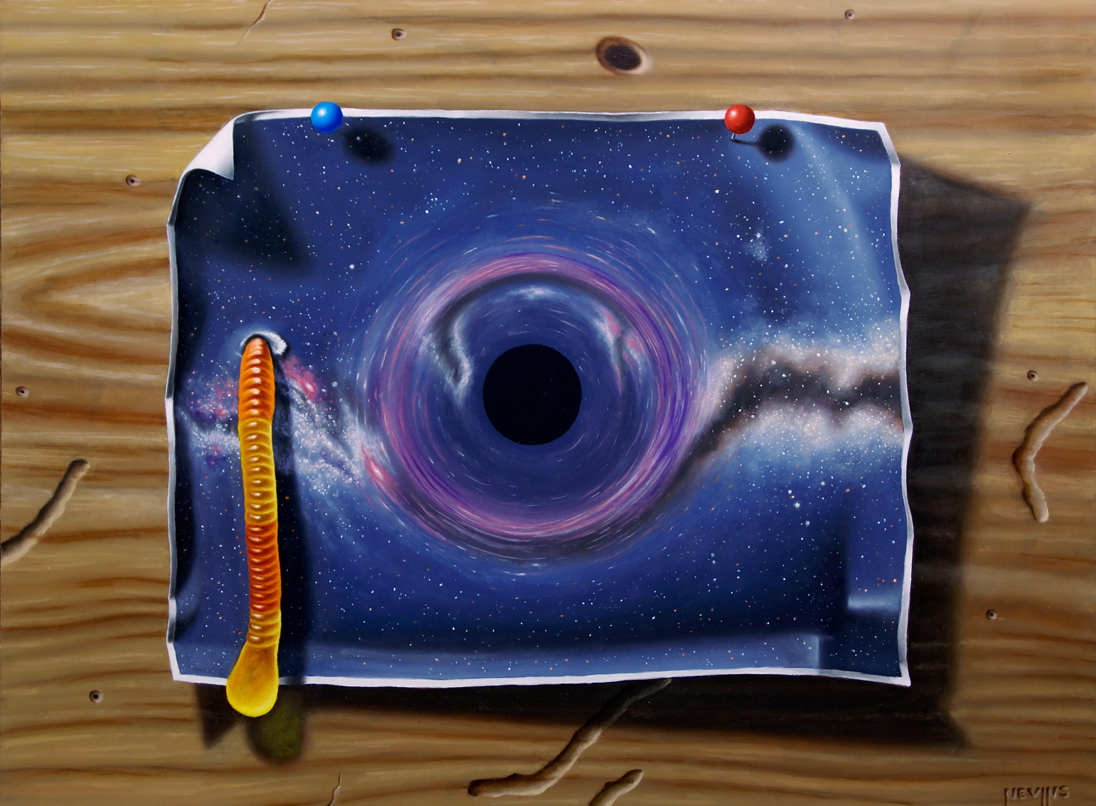"Wormhole" di Patrick Nevins Pittura a olio di vermi gommosi e sfondo spaziale