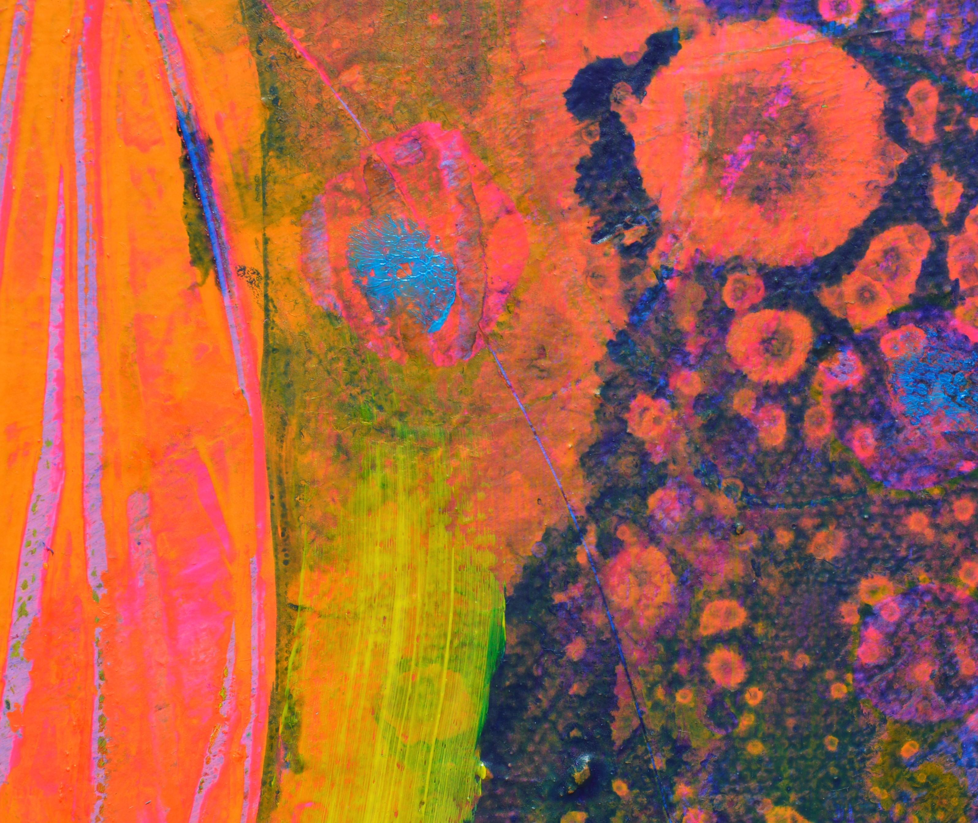 <p>Artist Comments<br>Artist Patrick O'Boyle expresses torrents of bright orange and indigo in this abstract composition. He applies layers of color and then scrapes and scratches them for various consistencies. 