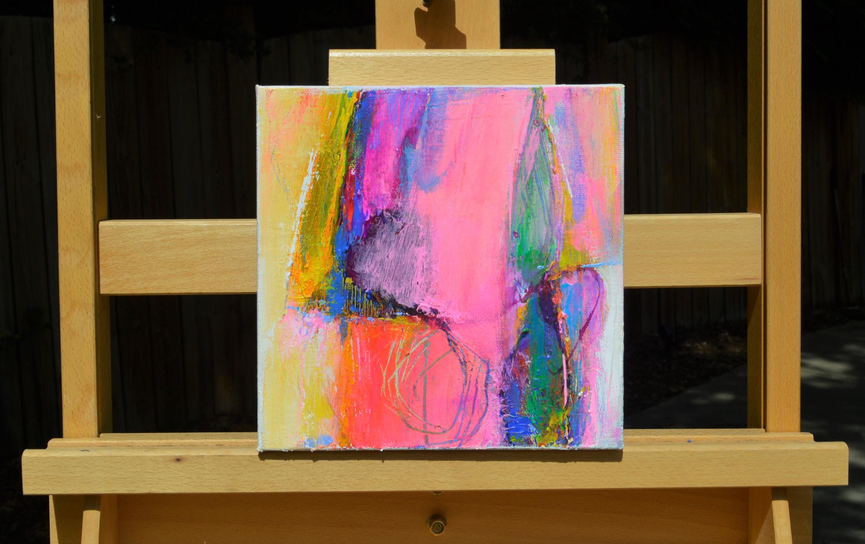 <p>Artist Comments<br>Artist Patrick O'Boyle abstractly paints a dreamy mist of hot pink, mustard yellow, and violet with gentle strokes of emerald. He applies several coats of color and scrapes them for various consistencies. 