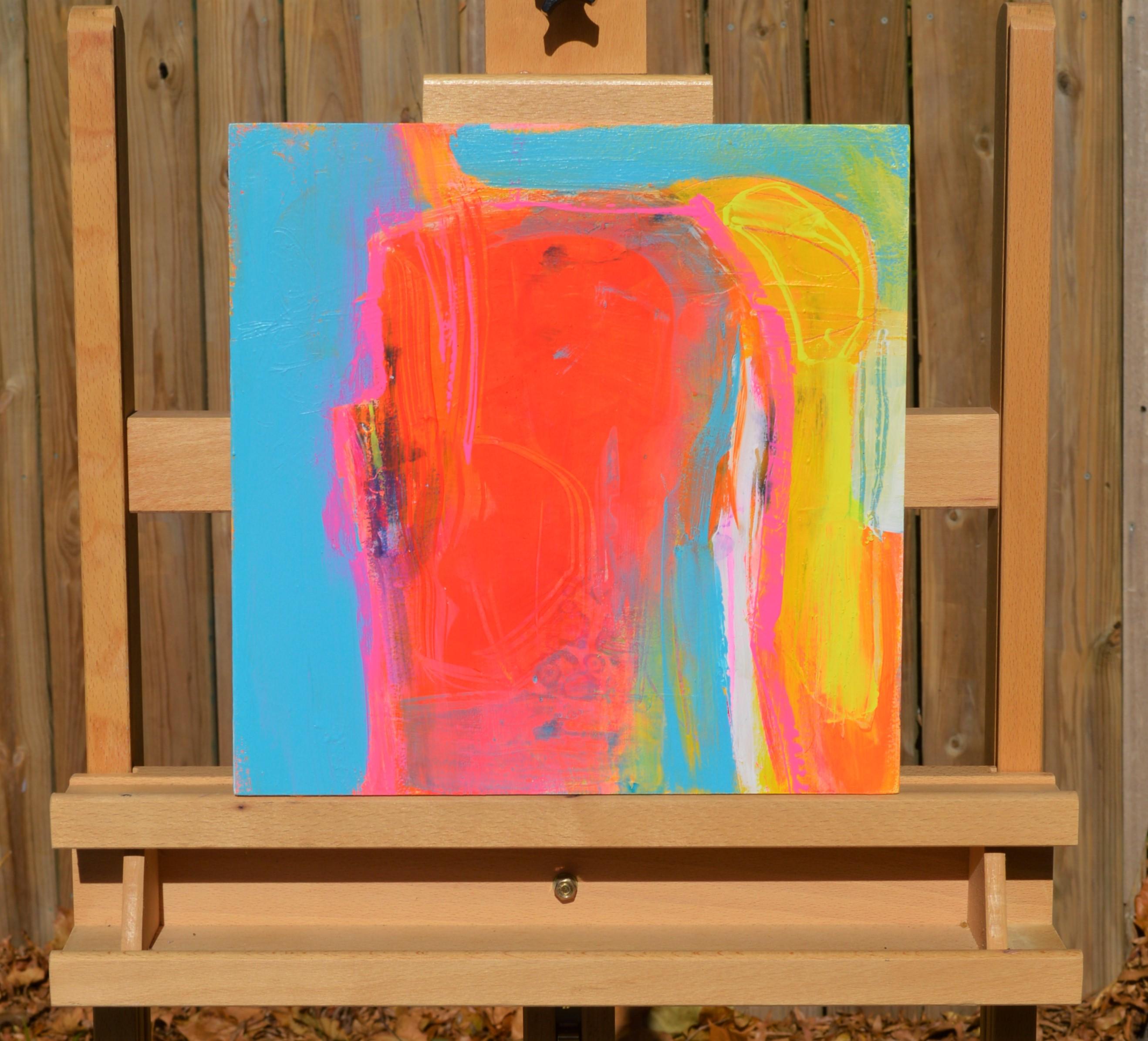 Landschaftsabstraktion mit blauen Wasserfarben, Abstraktes Gemälde (Orange), Abstract Painting, von Patrick O'Boyle