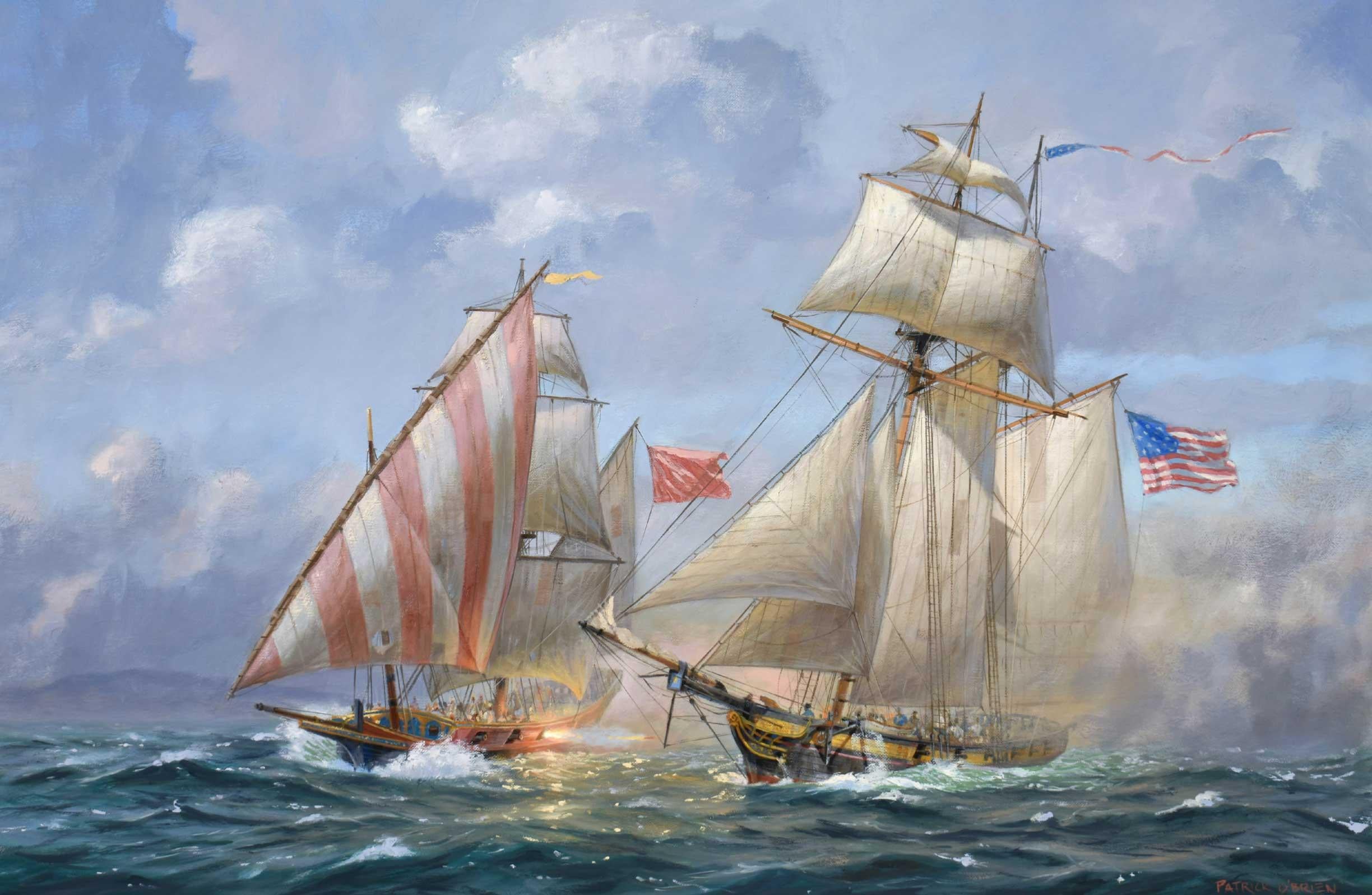 Patrick O'Brien Landscape Painting - USS Enterprise Battling the Barbary Pirates, 1801 
