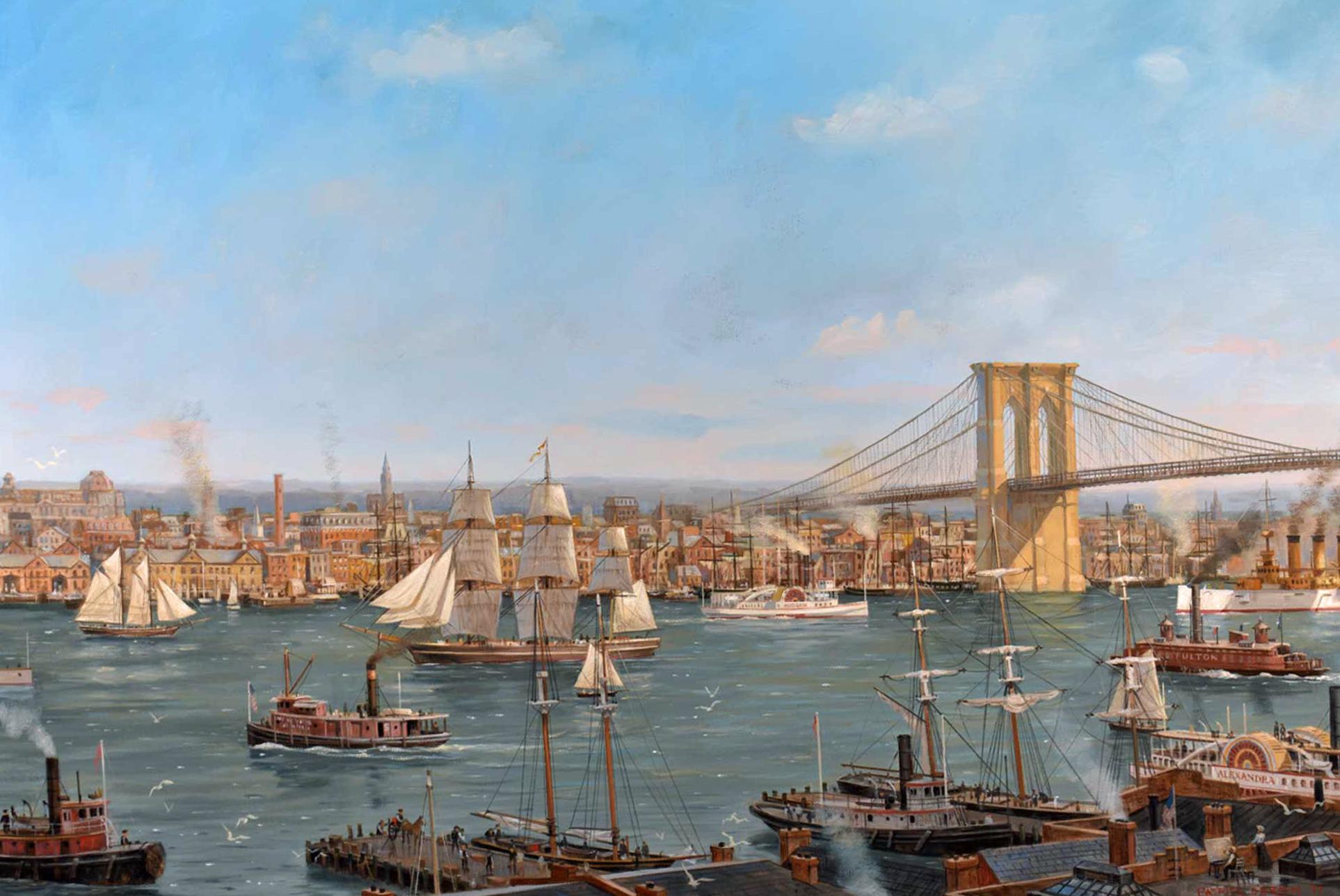Patrick O'Brien Landscape Painting - View of the East River and Brooklyn Bridge, New York City, 1899