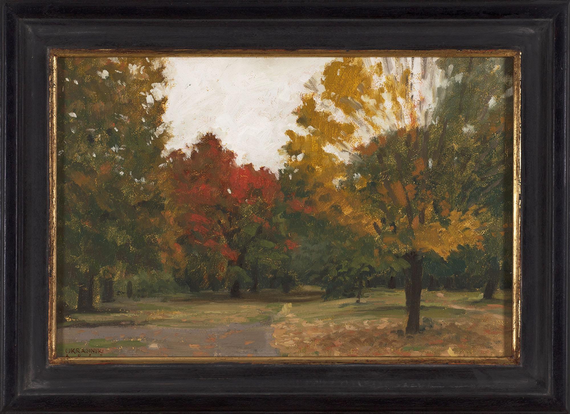 Peint d'après nature sur place à l'automne 2020 à Prospect Park, Brooklyn, New York. Le ciel couvert fait ressortir les couleurs auburn de l'automne, tandis que l'observateur regarde un chemin de feuillage dans le parc.