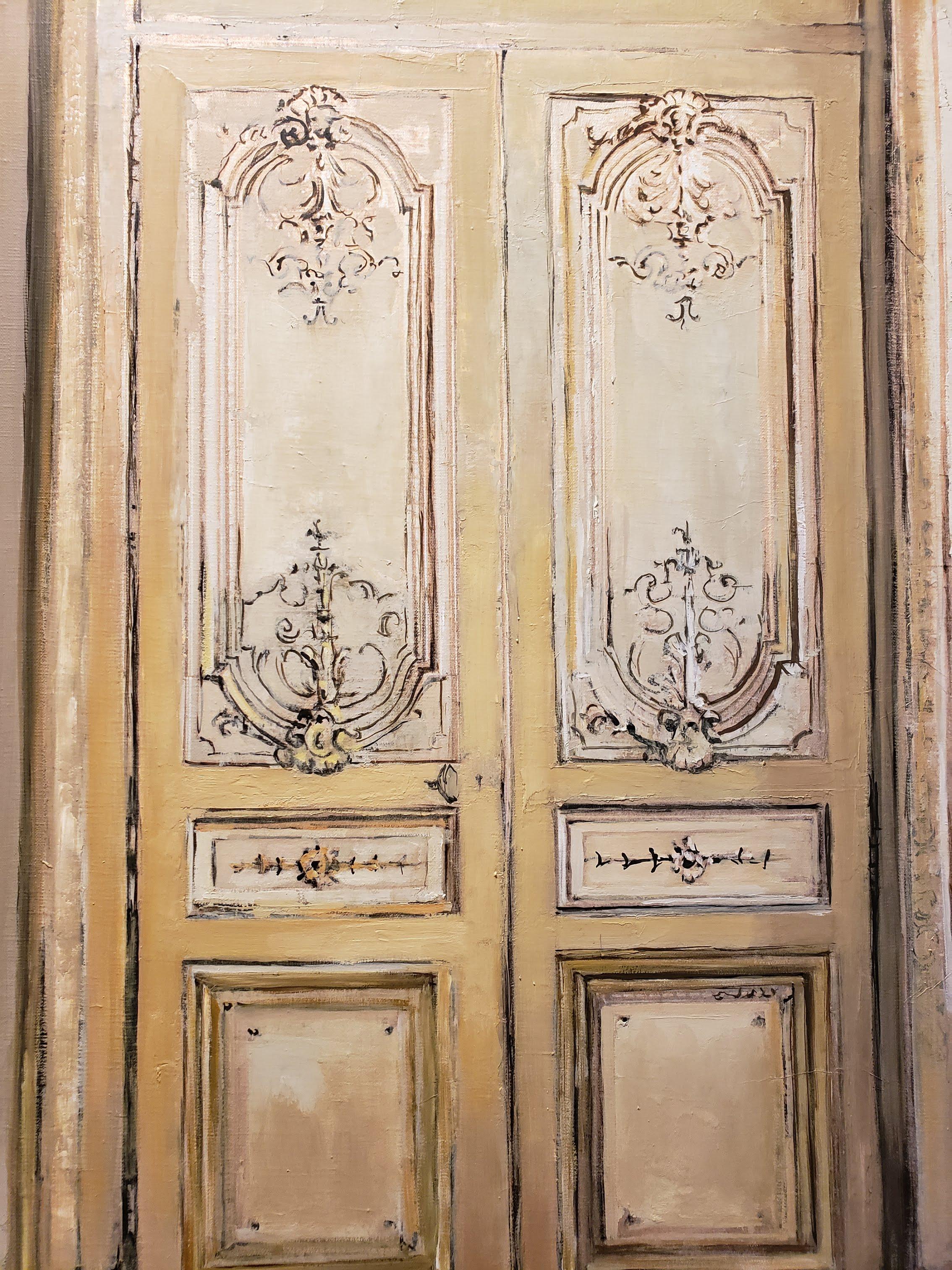 Depiction of an ornately decorated door. Beiges and greys. Oil and silver on canvas. 

Patrick Pietropoli was a teacher of political studies for several years before becoming a professional artist. Trained as both a painter and a sculptor, his oil
