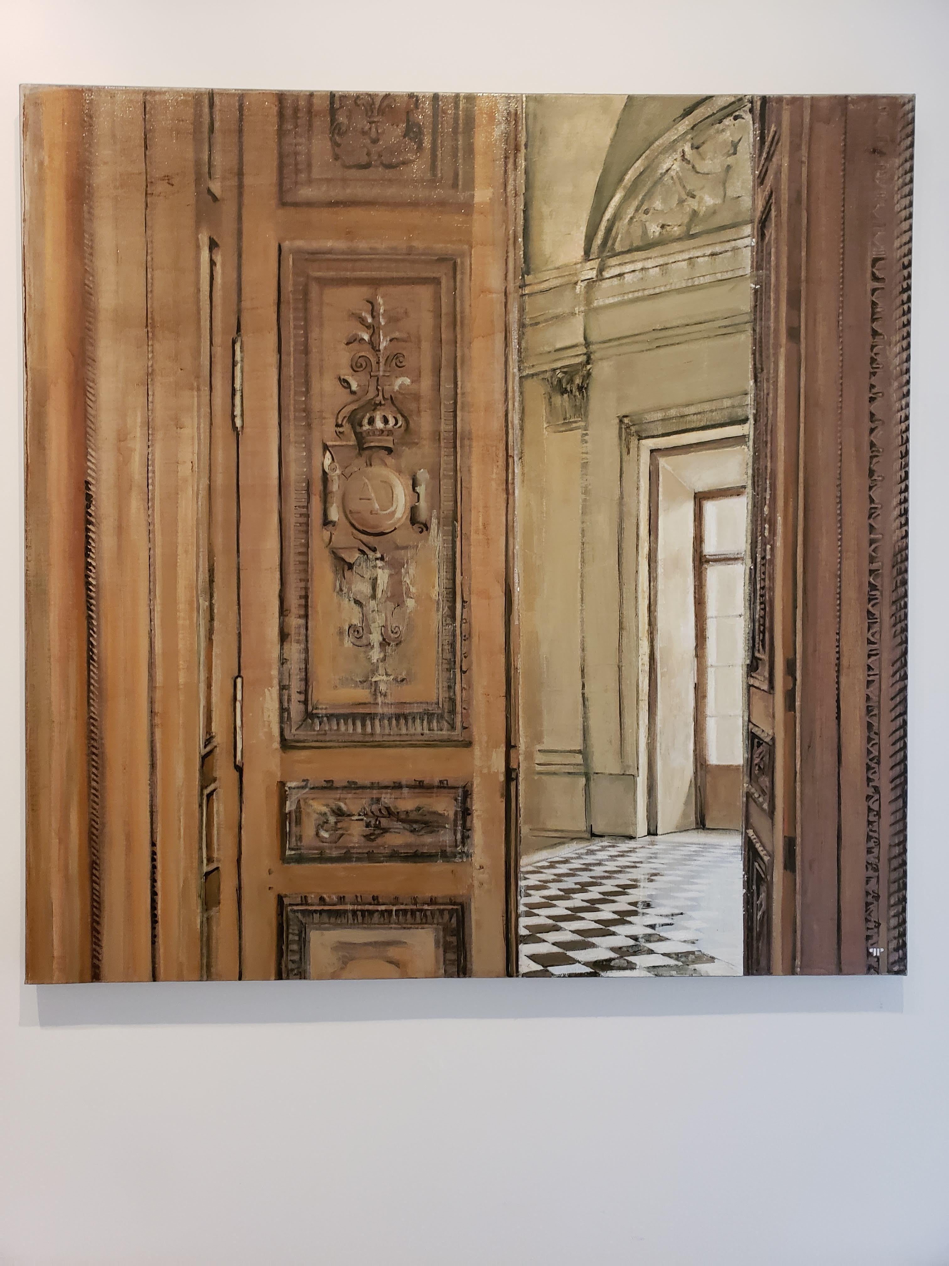 Close-up of a half-open door and the room behind it, showing the detail of the medium-wood antique-style door. Greys and browns. Oil and Silver on Canvas. 

Patrick Pietropoli was a teacher of political studies for several years before becoming a