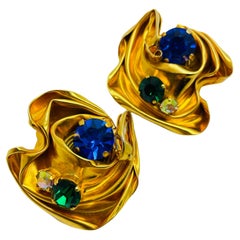 Vintage PATRICK RETIF PARIS signed gold plated jewel glass designer runway clip earrings