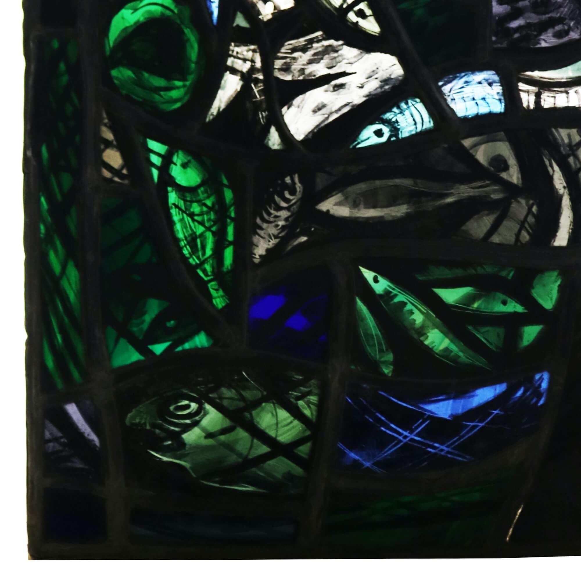 English Patrick Reyntiens 'B.1925' Stained Glass Window Depicting Fish For Sale