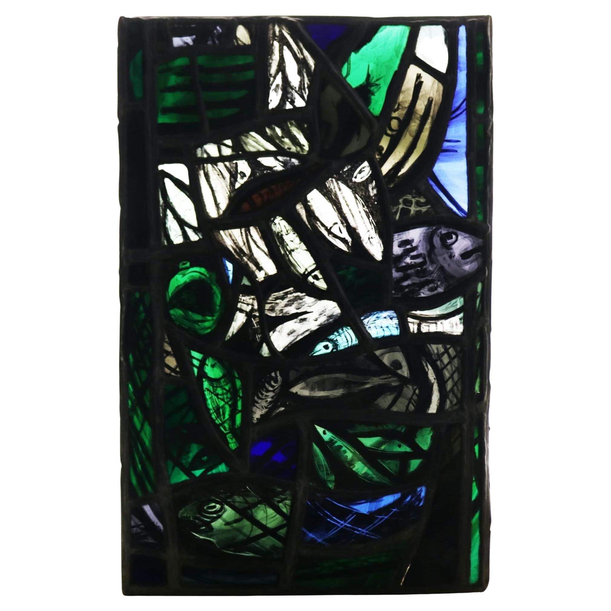 Patrick Reyntiens 'B.1925' Stained Glass Window Depicting Fish